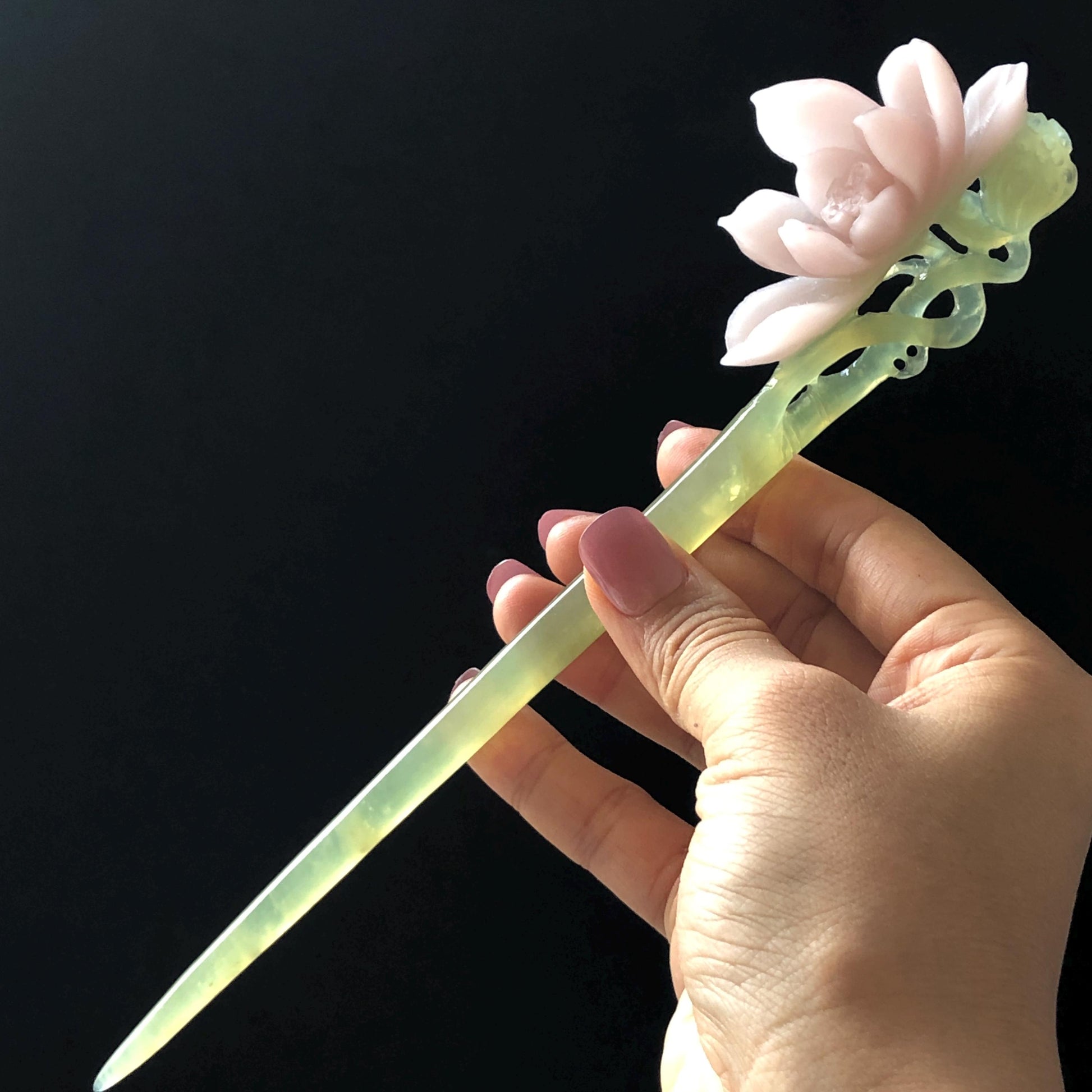 Natural Xiu Jade Serpentine Hand Carved Pink Lotus Flower Hair Pin | Pink & Green Jade Hair Stick | Asian Chinese Vintage Hanfu Hair Fork gift for her pink jade carving ice green jade flower carving lotus carving hand engraved lotus hairpins japanese hair stick korean hair pins vinatge hair fork chinese hair comb antique hairpins wedding headpiece engagement hair jewelry bridal shower gift bridal hair accessory