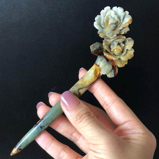 Certified Natural Xiu Jade Serpentine Hand Carved Rose Flower Hair Pin | Green Yellow Brown Green Jade Hair Stick | Asian Vintage Hair Fork gift for her green jade carving brown jade yellow jade hand engraved rose hairpin hand caved rose hair stick japanese hairpins korean hair fork chinese hair comb hanfu hair pins untreated jade with certificate