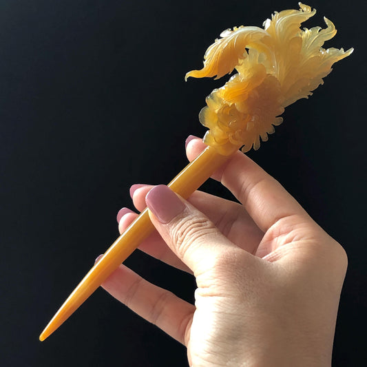 Xiu Jade Serpentine Hand Carved Golden Phoenix & Peony Hair Pin | Yellow Orange Red Jade Hair Stick | Asian Chinese Vintage Hanfu Hair Fork gift for her red jade orange jade yellow jade carving phoenix carving peony carving certified natural jade untreated jade with certificate chinese hairpins japanese hair pins korean hair stick hanfu hair comb antique hair fork wedding headpiece