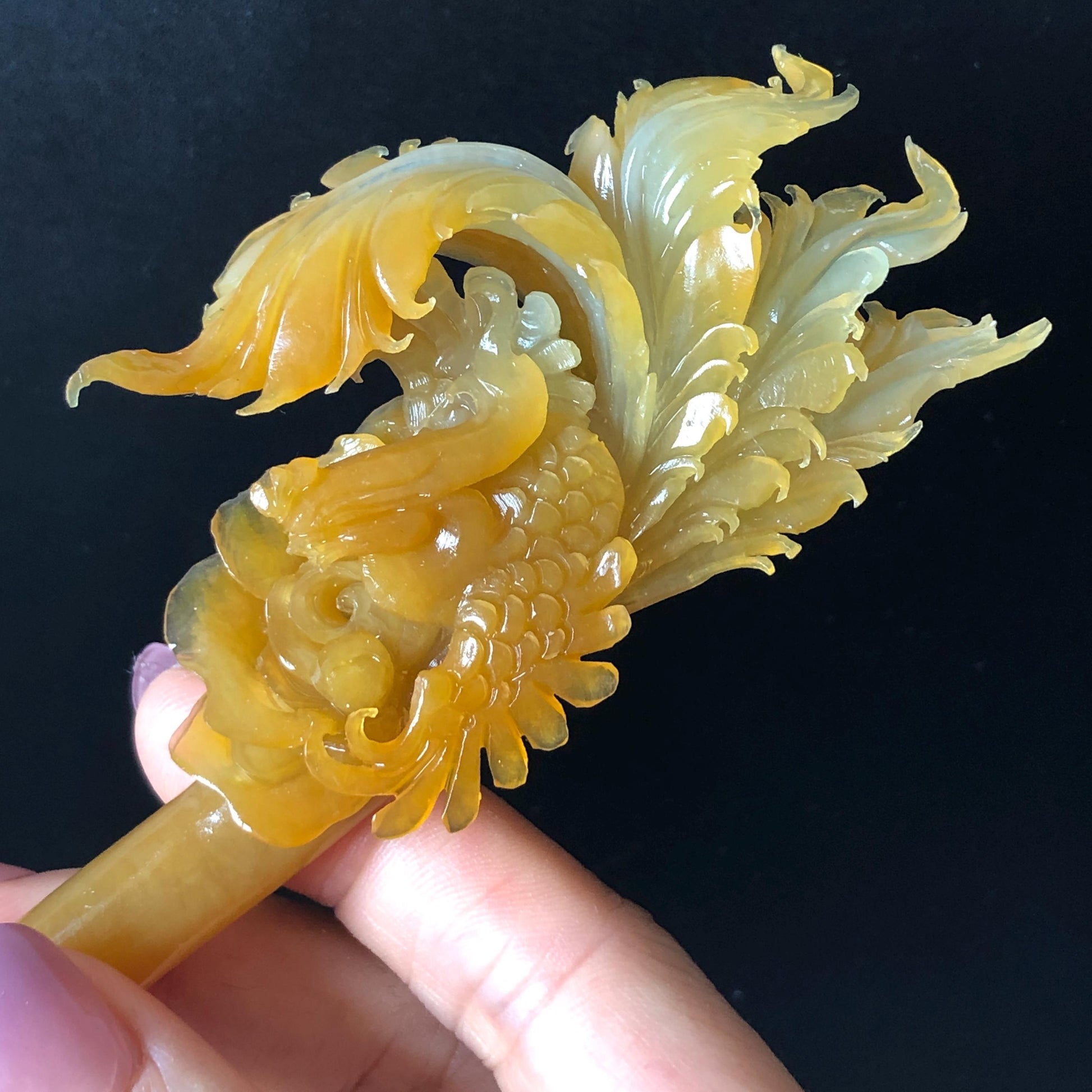 Xiu Jade Serpentine Hand Carved Golden Phoenix & Peony Hair Pin | Yellow Orange Red Jade Hair Stick | Asian Chinese Vintage Hanfu Hair Fork gift for her red jade orange jade yellow jade carving phoenix carving peony carving certified natural jade untreated jade with certificate chinese hairpins japanese hair pins korean hair stick hanfu hair comb antique hair fork wedding headpiece