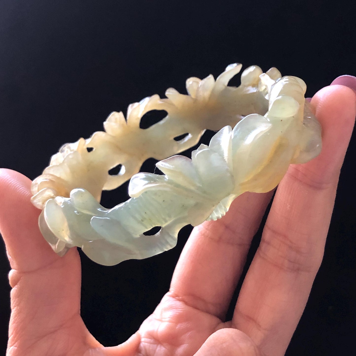 50mm-64mm Customised Size Natural Xiu Jade Serpentine Hand Carved Yulan flowers Bangle | Yellow Green Jade Personalized Tailor-made Bracelet make-to-order bangle hand engraved bracelet green jade yellow jade carving yulan carving flower carving hand carved flower carved jade bangle tailor made jade bracelet customized jade bangle certified natural untreated jade with certificate big size bangle small size bangle 60mm bangle