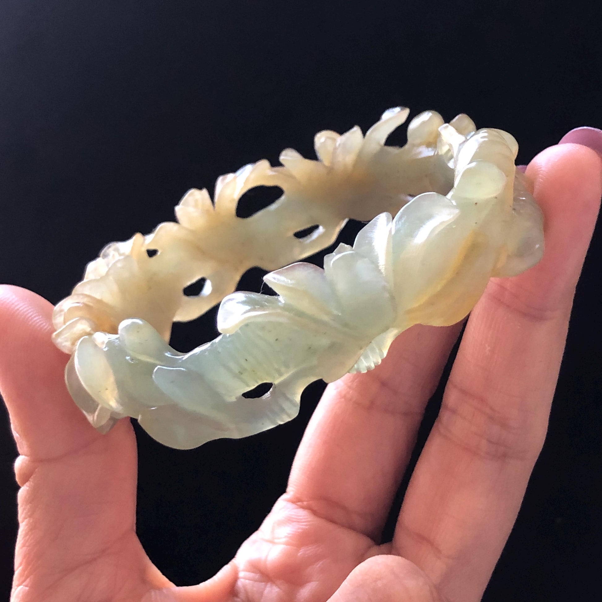 50mm-64mm Customised Size Natural Xiu Jade Serpentine Hand Carved Yulan flowers Bangle | Yellow Green Jade Personalized Tailor-made Bracelet make-to-order bangle hand engraved bracelet green jade yellow jade carving yulan carving flower carving hand carved flower carved jade bangle tailor made jade bracelet customized jade bangle certified natural untreated jade with certificate big size bangle small size bangle 60mm bangle