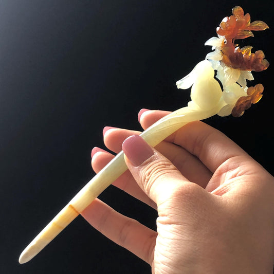 Certified Natural Xiu Jade Serpentine Hand Carved Rabbit Bunny & Osmanthus fragrans Flower Hair Pin | Bi-colour White Brown Jade Hair Stick white jade carving brown jade hairpins japanese hair comb korean hair fork chinese jade vintage hair jewelry antique hair stick hanfu hair pins wedding hair clip bridal hair stick certificate jade untreated jade
