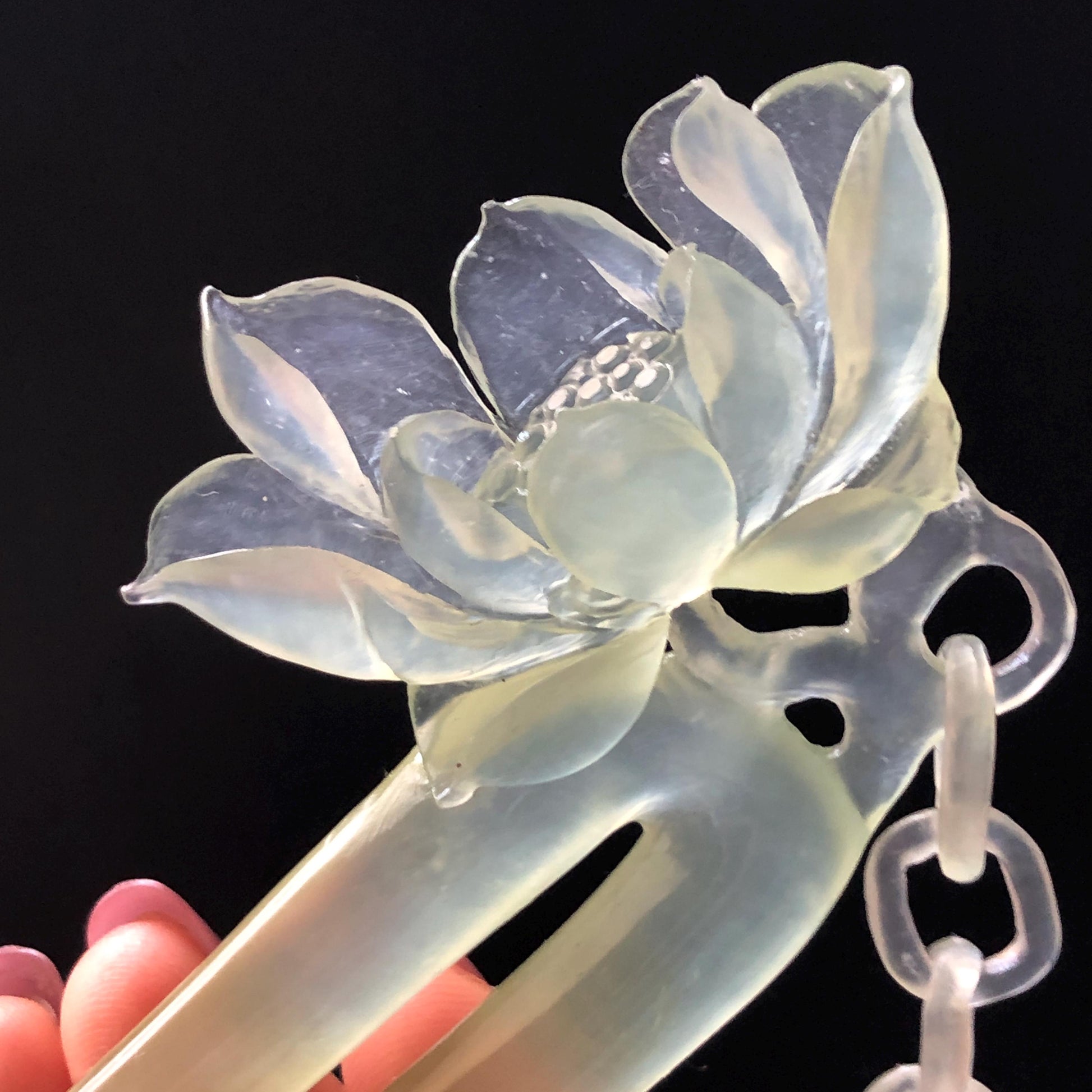 Certificate Natural Xiu Jade Serpentine Hand Carved Lotus Flower Hair Pin Dangle | Ice Green Jade Hair Stick | Asian Vintage Gift for her hand engraved green jade carving hand engraved lotus carving chinese jade fork japanese hair stick korean hair pin hanfu hairpins bridal hair clip ice jade hair comb certified untreated jade vinatge hairpin antique hair fork