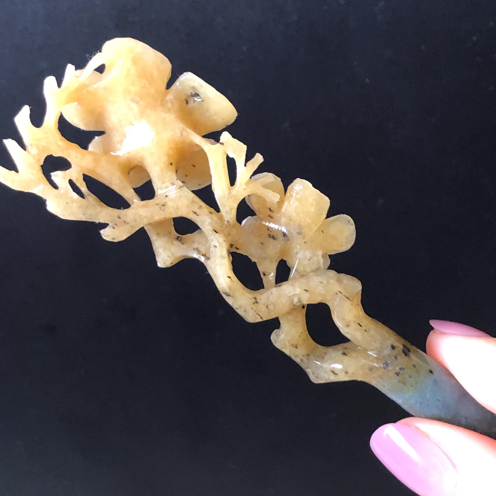 Certified Natural Xiu Jade Serpentine Hand Carved Plum Blossom Flower Hair Pin | Yellow & Green Jade Hair Stick | Asian Chinese Vintage Gift for her hand engraved green jade carving hand carved yellow jade hair pins flower carving korean hair comb chinese hair fork japanese hair clip bridal shower hair pins natural untreated jade with certificate vintage hair stick antique hair fork