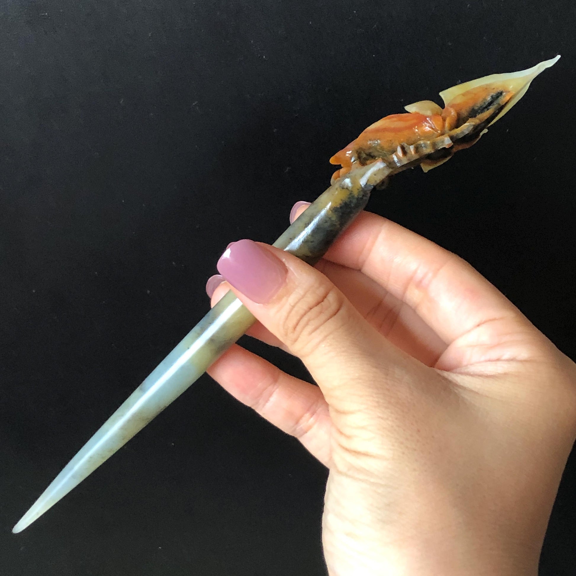 Certified Natural Xiu Jade Serpentine Hand Carved Yulan Flower Hair Pin | Yellow Brown Green Jade Hair Stick | Asian Hair Fork Vintage Gift for her hand engraved green jade carving hand carved yellow jade brown jade korean hairpins japanese hair stick hanfu hair pins chinese hair fork vinatge hair comb bridal shower hair clip hair jewelry natural untreated jade with certificate