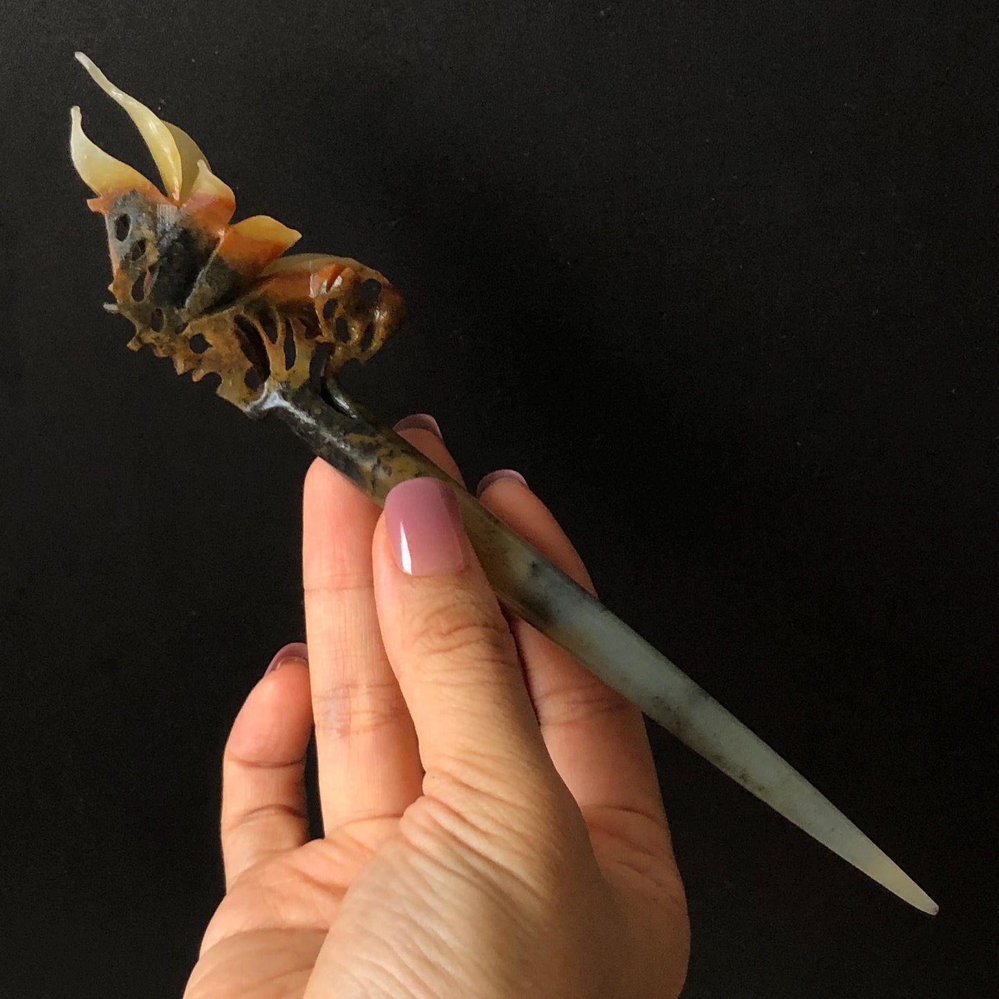 Certified Natural Xiu Jade Serpentine Hand Carved Yulan Flower Hair Pin | Yellow Brown Green Jade Hair Stick | Asian Hair Fork Vintage Gift for her hand engraved green jade carving hand carved yellow jade brown jade korean hairpins japanese hair stick hanfu hair pins chinese hair fork vinatge hair comb bridal shower hair clip hair jewelry natural untreated jade with certificate