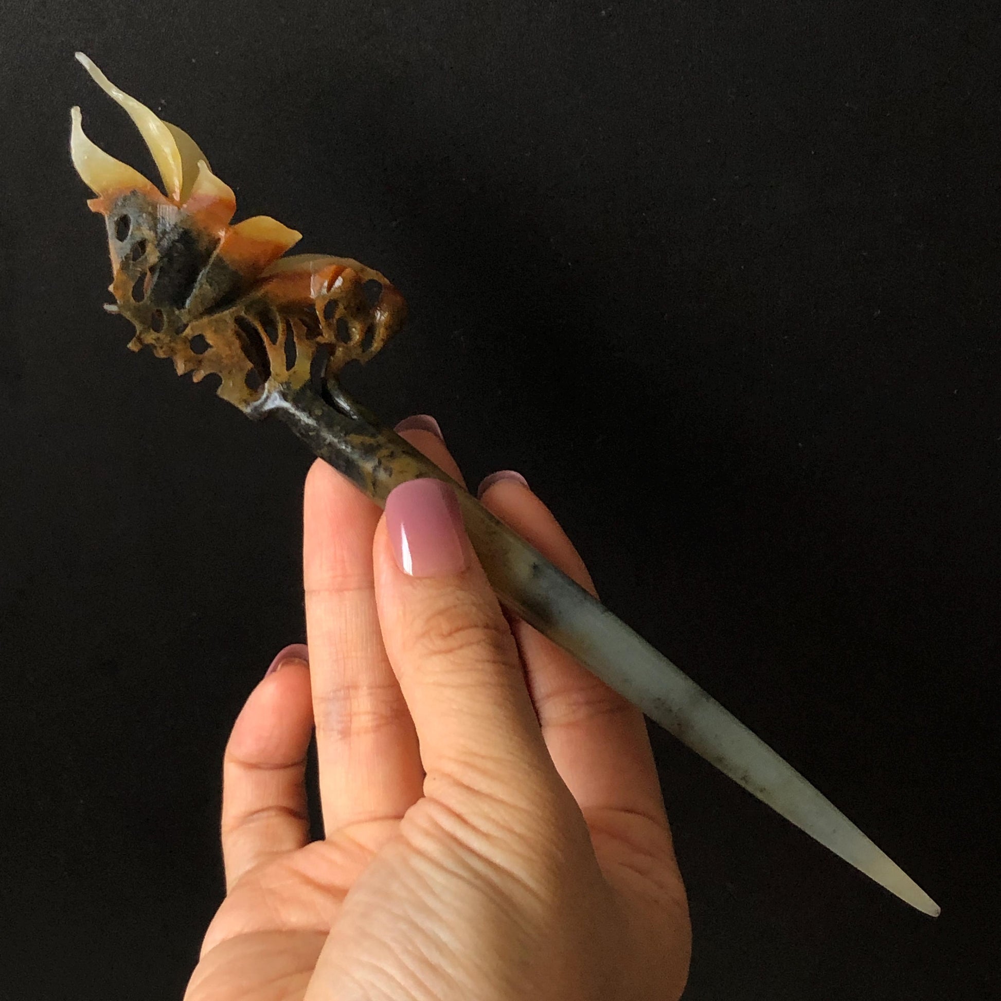 Certified Natural Xiu Jade Serpentine Hand Carved Yulan Flower Hair Pin | Yellow Brown Green Jade Hair Stick | Asian Hair Fork Vintage Gift for her hand engraved green jade carving hand carved yellow jade brown jade korean hairpins japanese hair stick hanfu hair pins chinese hair fork vinatge hair comb bridal shower hair clip hair jewelry natural untreated jade with certificate