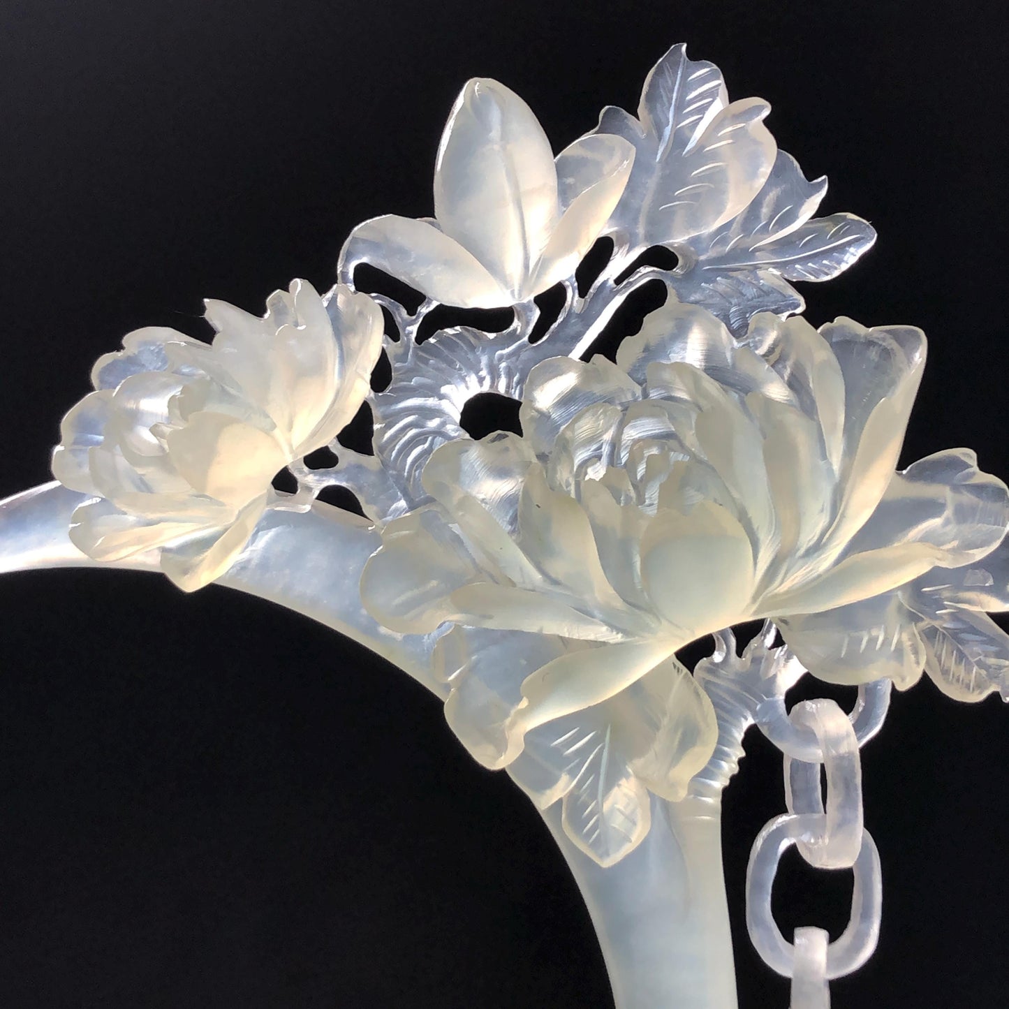 Certified Xiu Jade Serpentine Hand-Carved Peony Flower Hair Pin with Dangle | Ice White Jade Hair Stick | Bridal Wedding Headpiece Gift for her japanese hairpin korean hair stick chinese hair comb asian hair fork moon hair stick hair pins with dangle ice white jade carving Peony carving flower carving natural untreated jade with certificate bridal shower gift wedding hair accessory hair jewelry
