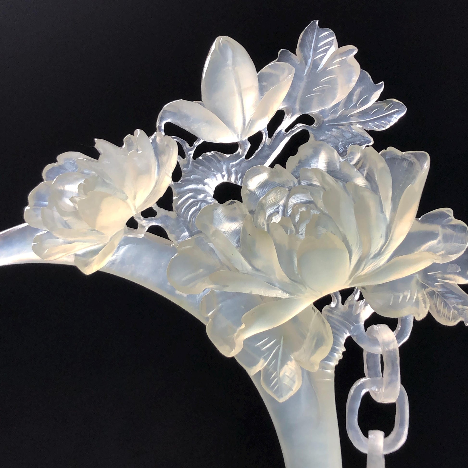 Certified Xiu Jade Serpentine Hand-Carved Peony Flower Hair Pin with Dangle | Ice White Jade Hair Stick | Bridal Wedding Headpiece Gift for her japanese hairpin korean hair stick chinese hair comb asian hair fork moon hair stick hair pins with dangle ice white jade carving Peony carving flower carving natural untreated jade with certificate bridal shower gift wedding hair accessory hair jewelry