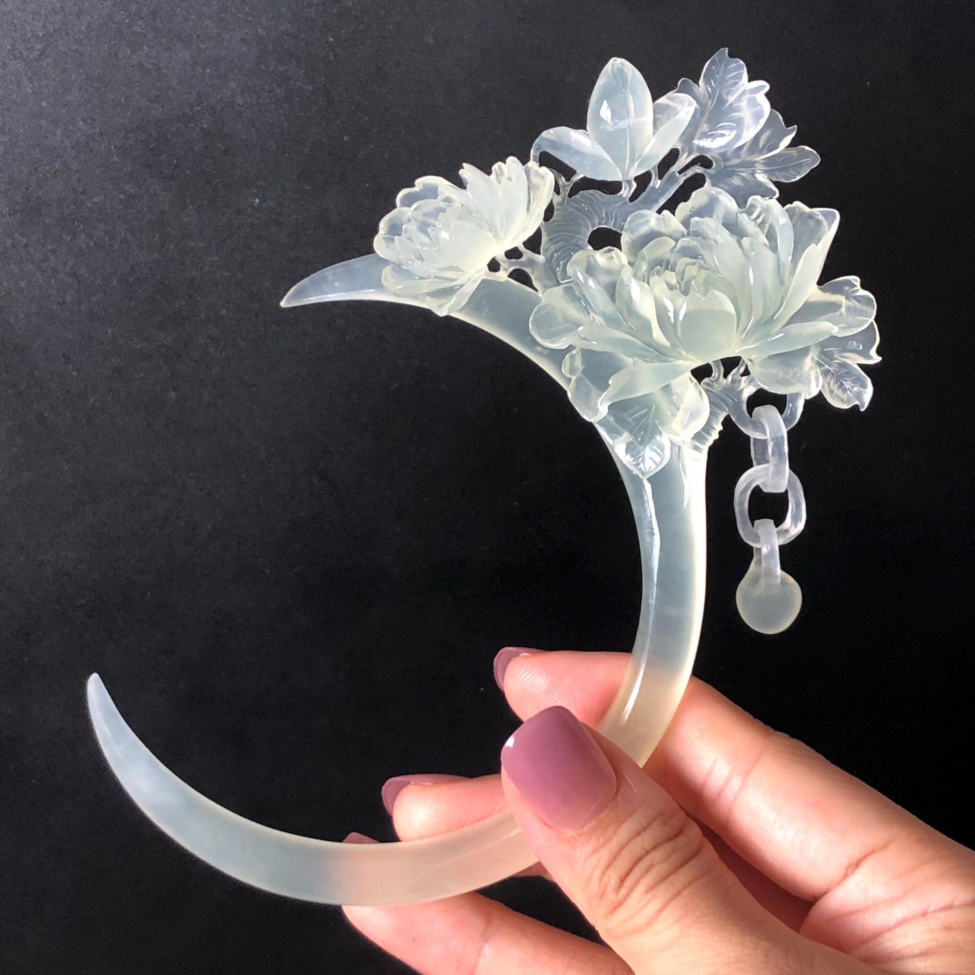 Certified Xiu Jade Serpentine Hand-Carved Peony Flower Hair Pin with Dangle | Ice White Jade Hair Stick | Bridal Wedding Headpiece Gift for her japanese hairpin korean hair stick chinese hair comb asian hair fork moon hair stick hair pins with dangle ice white jade carving Peony carving flower carving natural untreated jade with certificate bridal shower gift wedding hair accessory hair jewelry