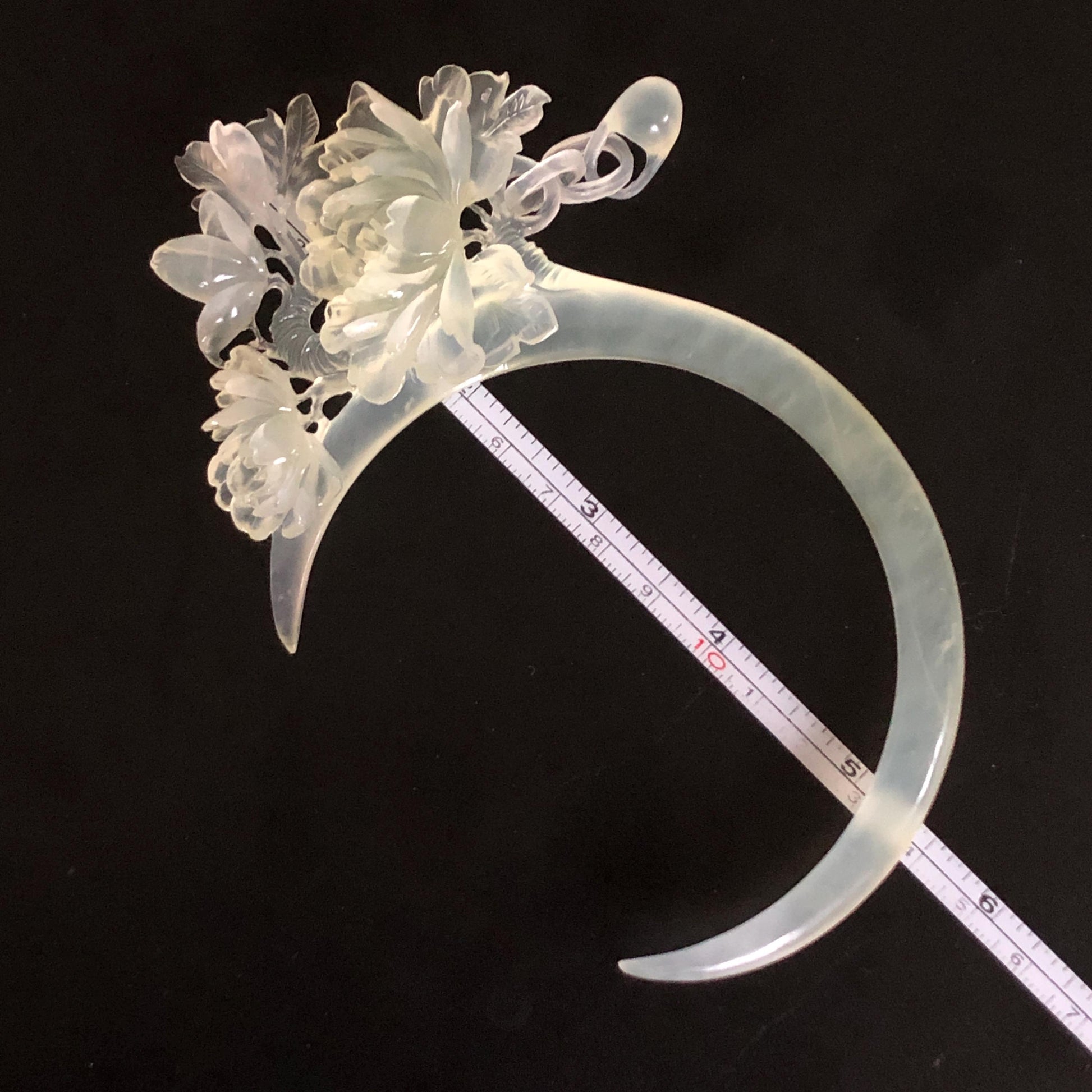Certified Xiu Jade Serpentine Hand-Carved Peony Flower Hair Pin with Dangle | Ice White Jade Hair Stick | Bridal Wedding Headpiece Gift for her japanese hairpin korean hair stick chinese hair comb asian hair fork moon hair stick hair pins with dangle ice white jade carving Peony carving flower carving natural untreated jade with certificate bridal shower gift wedding hair accessory hair jewelry