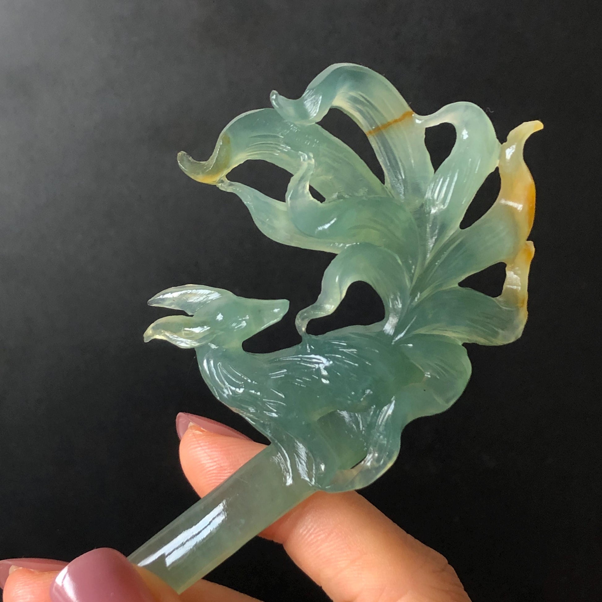 Certificate Natural Xiu Jade Serpentine Hand Carved Nine tailed fox Hair Pin | Icy Greenish Blue Yellow Jade Hair Stick | Asian Chinese Jade hair comb japanese hairpins koran hair stick hanfu hair pin hair comb hair fork antique hair stick certified jade carving hand carved fox carving green jade blue jade yellow jade hand engraved jade gift for her bridal shower hair clip wedding hair jewelry