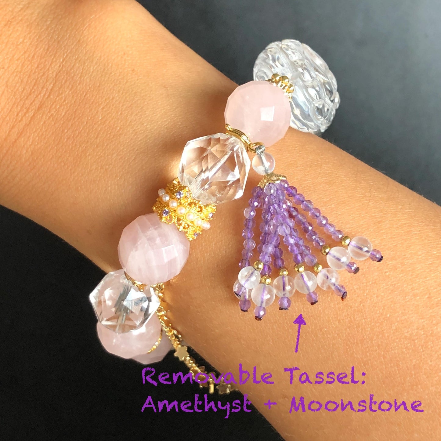 Rare Find Rainbow Clear Quartz Carved Nine-tailed Fox Pendant Charm Rose Quartz Bead Bracelet | Removable Crystal Tassel Personalized Gift rainbow quartz charm hand engraved fox charm hand carved fox pendant nine tail fox bracelet rose quartz bracelet pink crystal clear quartz bracelet chakra crystal birthstone bracelet healing stone love stone amethyst crystal moonstoon tourmaline charm personalised bracelet diy bead bracelet gold-plated charm