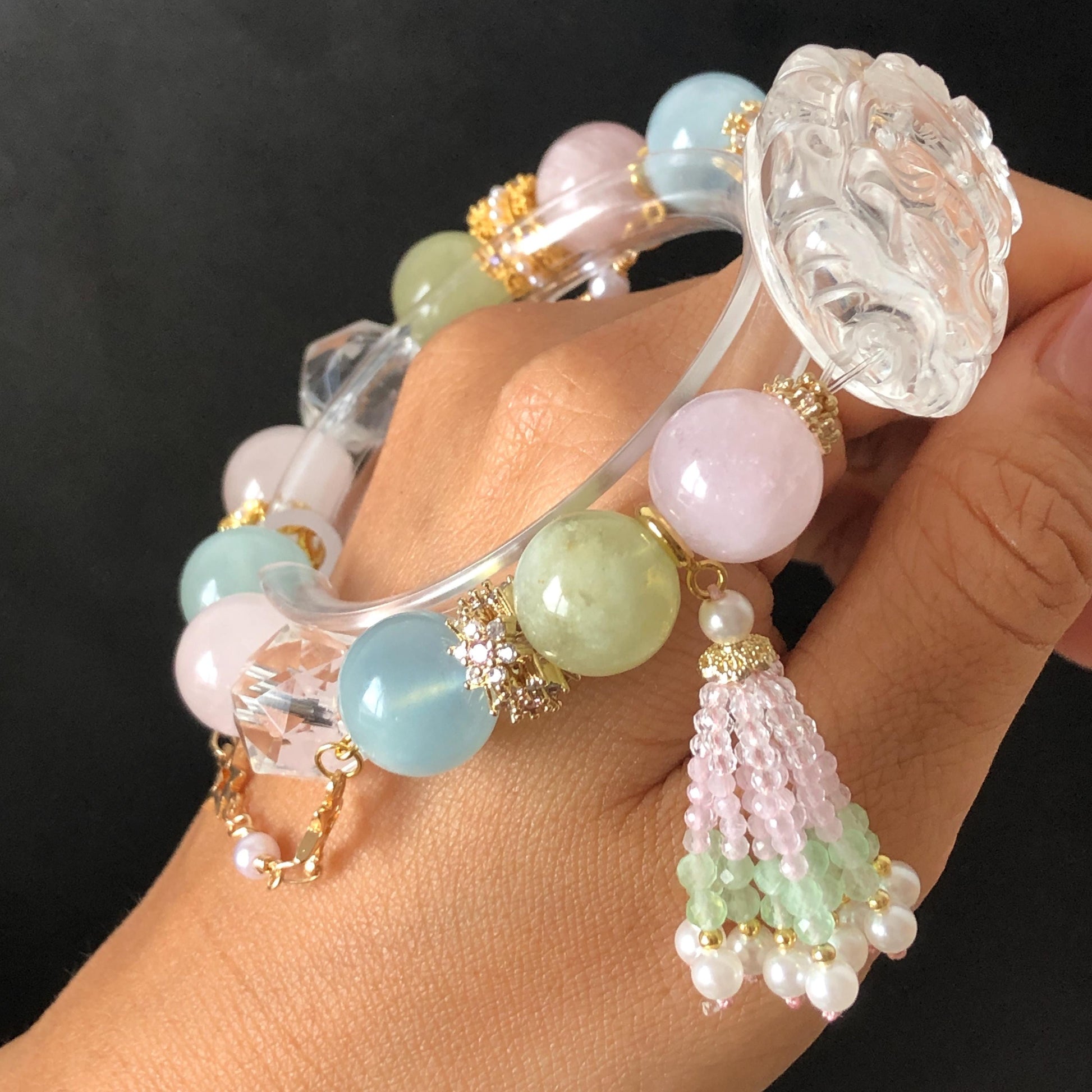 Rainbow Clear Quartz Carved Nine-tailed Fox Pendant Charm with Morganite Crystal Bead Elastic Stretch Bracelet | Removable Chain & Spinel Tassel | Wisdom & Enlightenment  rainbow quartz charm hand engraved fox charm hand carved fox pendant nine tail fox bracelet clear quartz bracelet pink crystal blue crystal green crystal Morganite bracelet chakra crystal birthstone bracelet healing stone love stone personalised bracelet diy bead bracelet gold-plated charm