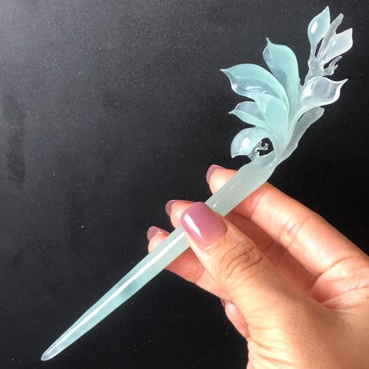 Certified Xiu Jade Serpentine Hand Carved Frosty Blue Yulan Flower Hair Pin, Ice Blue Jade Hair Stick, Wedding Headpiece Hair accessories gift for her blue jade carving hand engraved yulan flower hair fork hand carved flower hair comb Asian chinese hairpins hanfu hair stick korean hairpins japanese hair clip bridal shower hair clip natural untreated jade with certificate yulan carving chinese jade hair stick