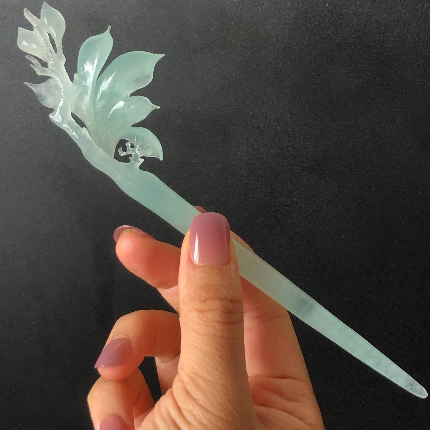 Certified Xiu Jade Serpentine Hand Carved Frosty Blue Yulan Flower Hair Pin, Ice Blue Jade Hair Stick, Wedding Headpiece Hair accessories gift for her blue jade carving hand engraved yulan flower hair fork hand carved flower hair comb Asian chinese hairpins hanfu hair stick korean hairpins japanese hair clip bridal shower hair clip natural untreated jade with certificate yulan carving chinese jade hair stick