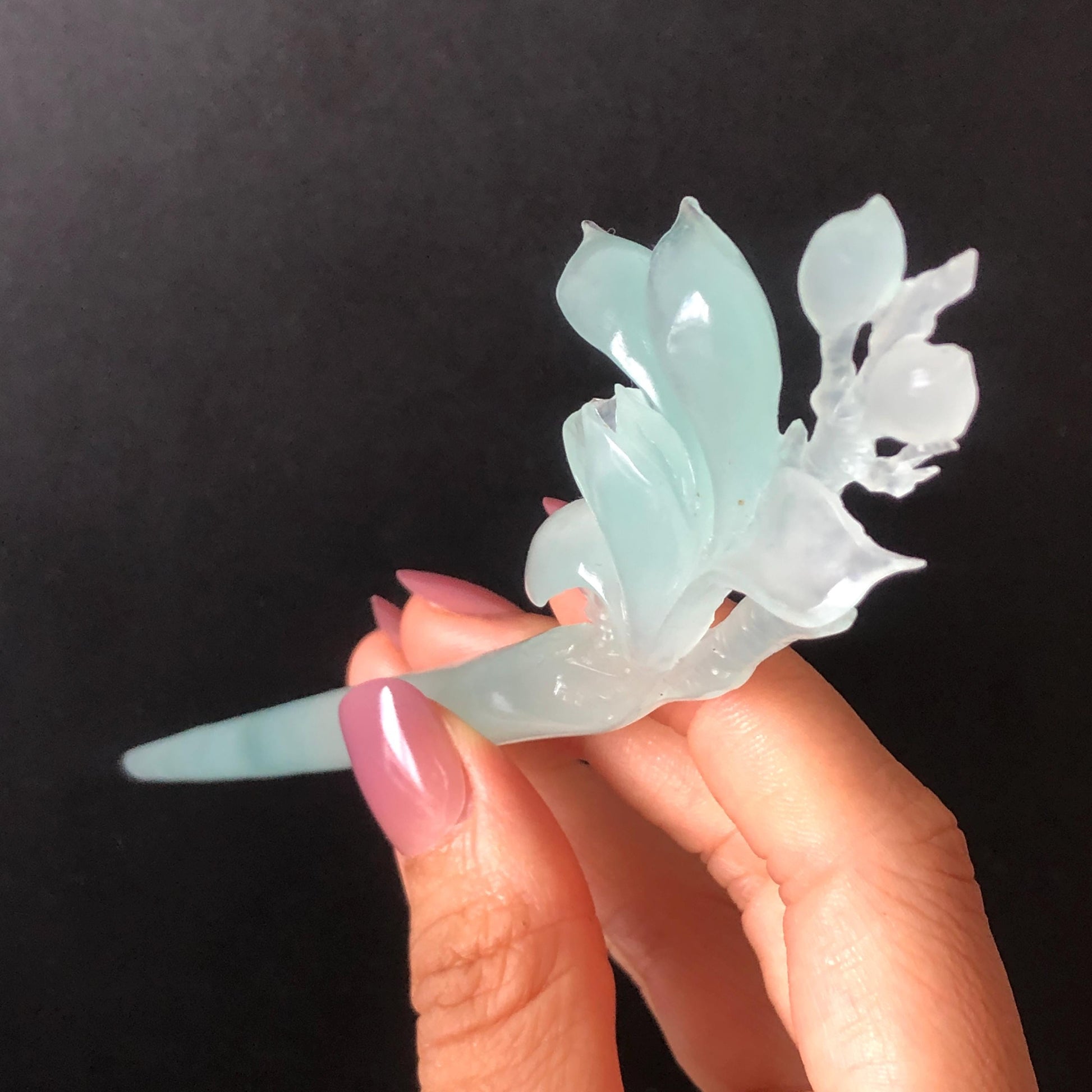 Certified Xiu Jade Serpentine Hand Carved Frosty Blue Yulan Flower Hair Pin, Ice Blue Jade Hair Stick, Wedding Headpiece Hair accessories gift for her blue jade carving hand engraved yulan flower hair fork hand carved flower hair comb Asian chinese hairpins hanfu hair stick korean hairpins japanese hair clip bridal shower hair clip natural untreated jade with certificate yulan carving chinese jade hair stick