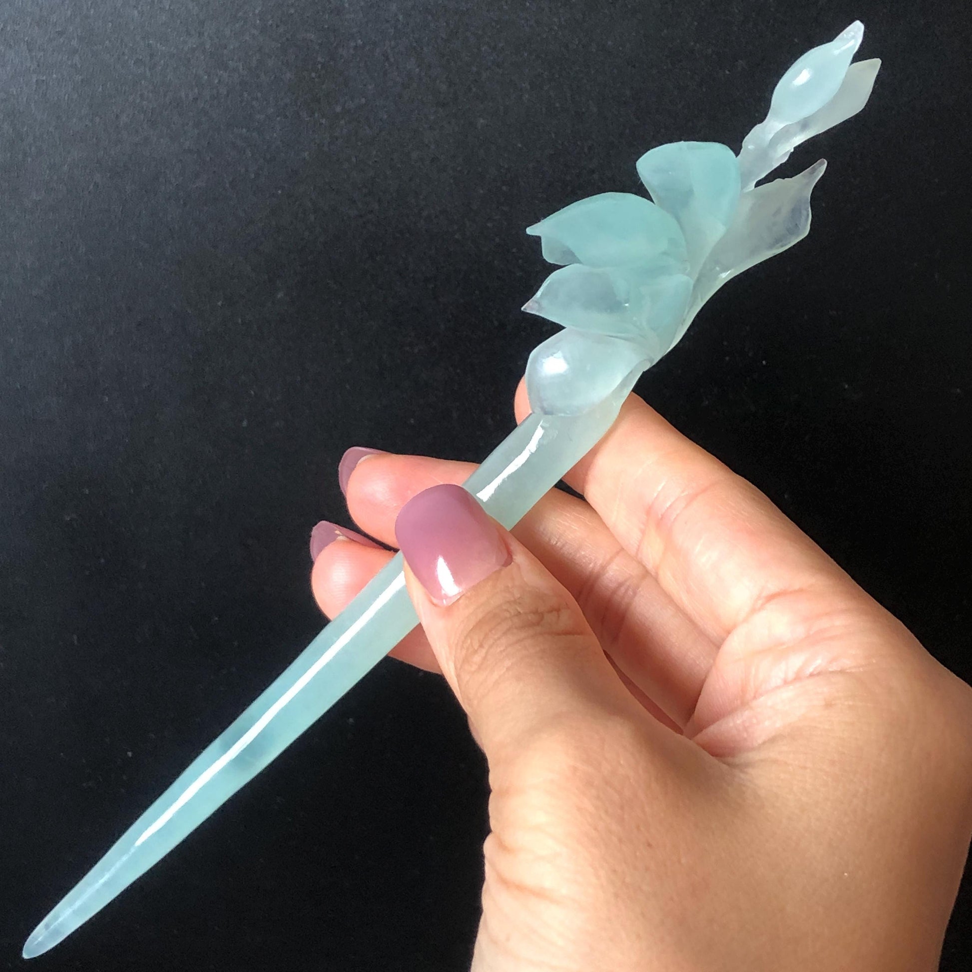 Certified Xiu Jade Serpentine Hand Carved Frosty Blue Yulan Flower Hair Pin, Ice Blue Jade Hair Stick, Wedding Headpiece Hair accessories gift for her blue jade carving hand engraved yulan flower hair fork hand carved flower hair comb Asian chinese hairpins hanfu hair stick korean hairpins japanese hair clip bridal shower hair clip natural untreated jade with certificate yulan carving chinese jade hair stick