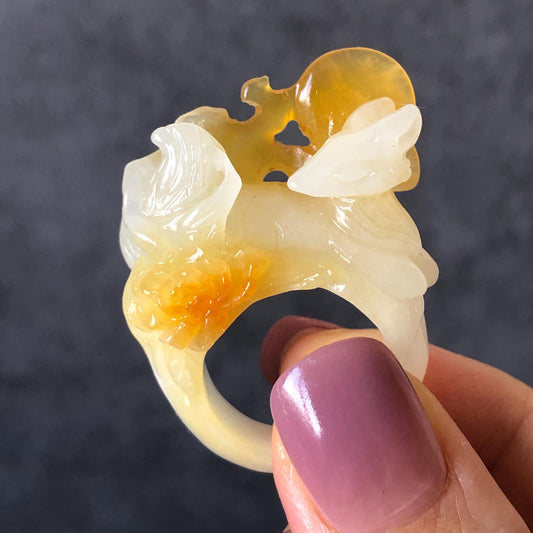Natural Xiu Jade Serpentine Hand-Carved Nine-tailed Fox Statement Ring 17.7mm (US 7.5) | Yellow & White Jade | 3D Fox Carving Gemstone Ring gift for her yellow jade carving white jade nine tail fox carving hand engraved statement ring peony carving hand carved flower carving moon carving moon ring natural untreated jade