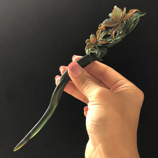 Certified Natural Xiu Jade Serpentine Hand Carved Cymbidium Flower Hair Pin | Yellow & Deep Green Jade Hair Stick | Asian Vintage Hair Fork gift for her hand engraved green jade hair stick yellow jade carving flower carving antique hair stick chinese hair comb korean hairpin japanese hair clip chinese jade hanfu hair stick vintage hair fork natural untreated jade with certificate bridal shower gift wedding hairpiece engagement hair accessories