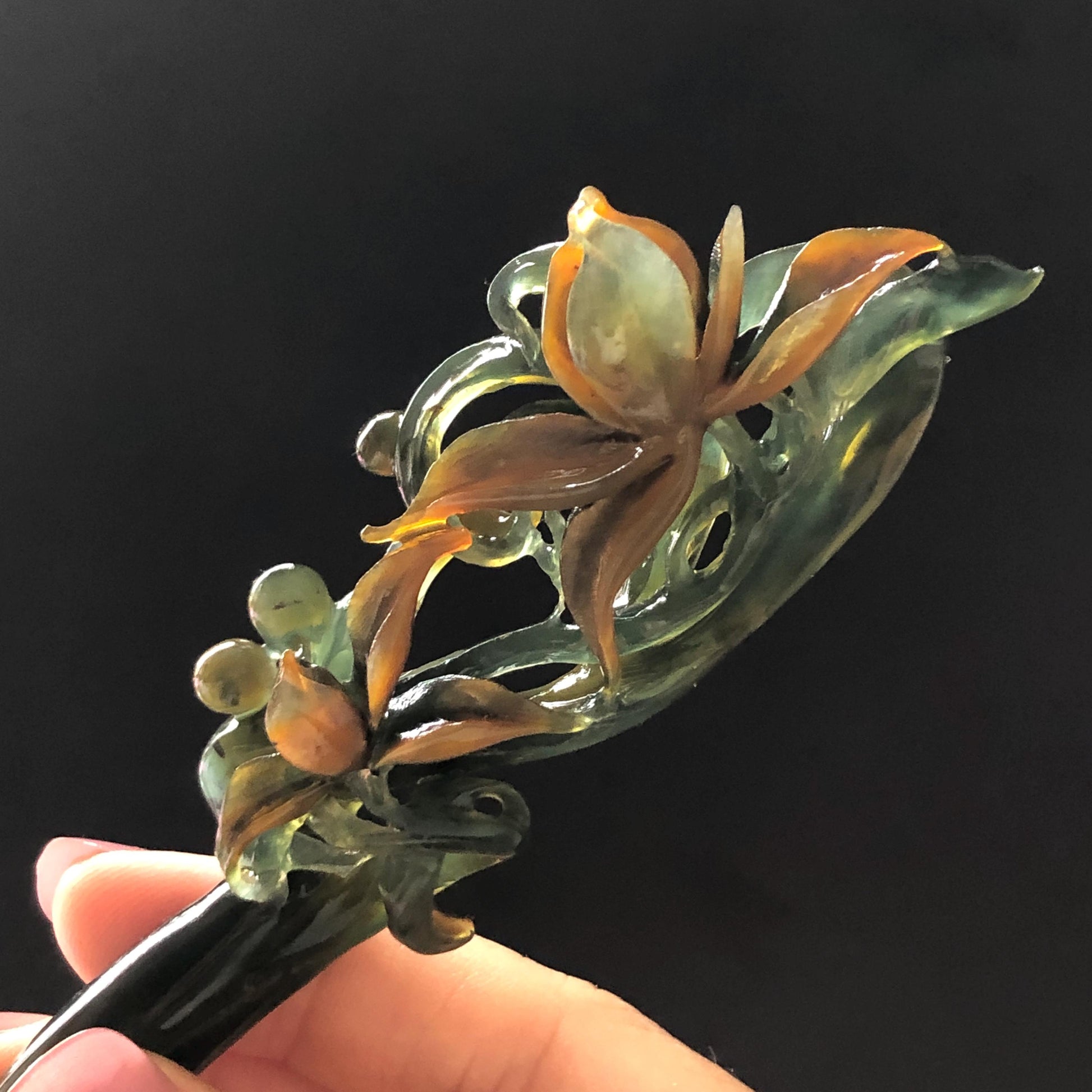 Certified Natural Xiu Jade Serpentine Hand Carved Cymbidium Flower Hair Pin | Yellow & Deep Green Jade Hair Stick | Asian Vintage Hair Fork gift for her hand engraved green jade hair stick yellow jade carving flower carving antique hair stick chinese hair comb korean hairpin japanese hair clip chinese jade hanfu hair stick vintage hair fork natural untreated jade with certificate bridal shower gift wedding hairpiece engagement hair accessories