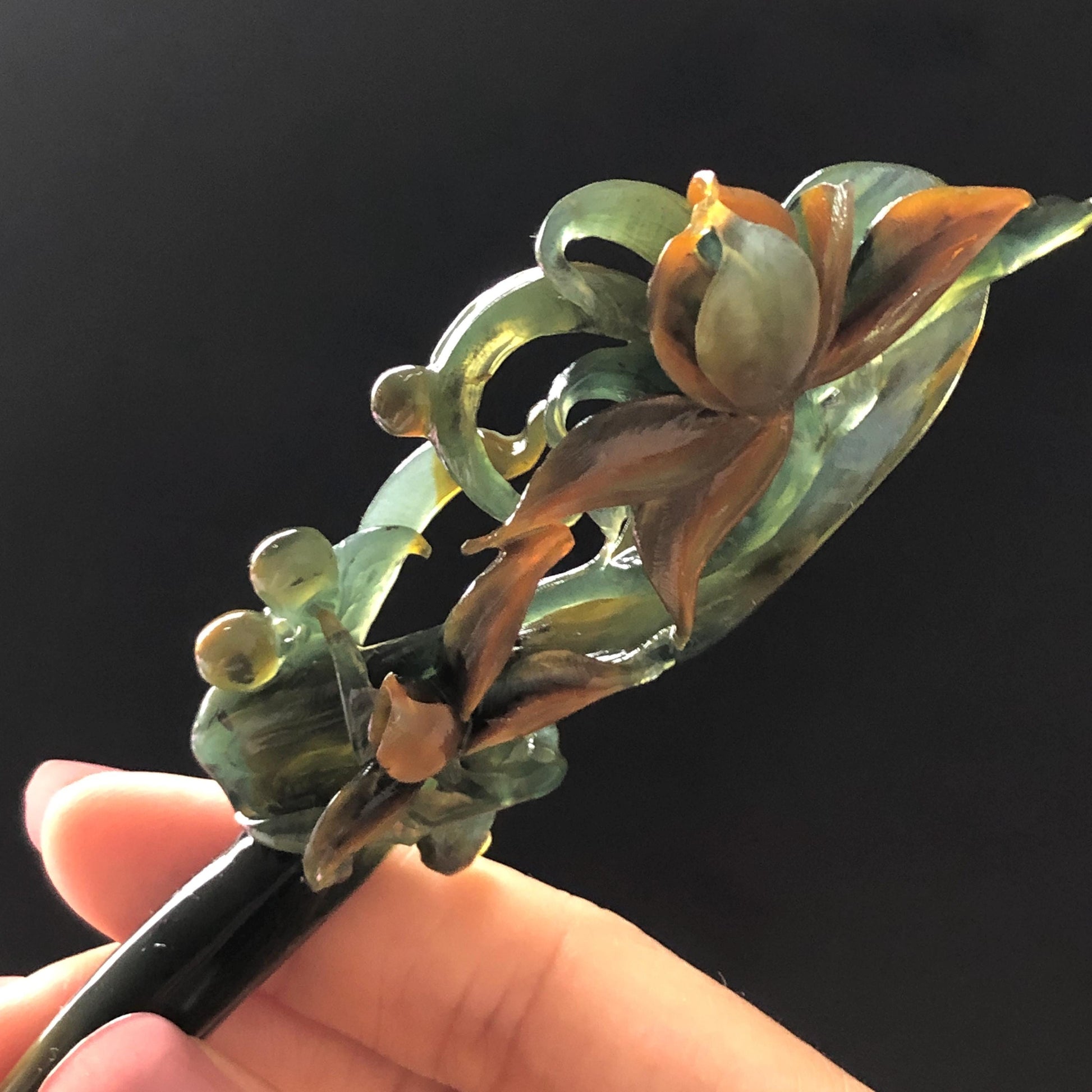 Certified Natural Xiu Jade Serpentine Hand Carved Cymbidium Flower Hair Pin | Yellow & Deep Green Jade Hair Stick | Asian Vintage Hair Fork gift for her hand engraved green jade hair stick yellow jade carving flower carving antique hair stick chinese hair comb korean hairpin japanese hair clip chinese jade hanfu hair stick vintage hair fork natural untreated jade with certificate bridal shower gift wedding hairpiece engagement hair accessories