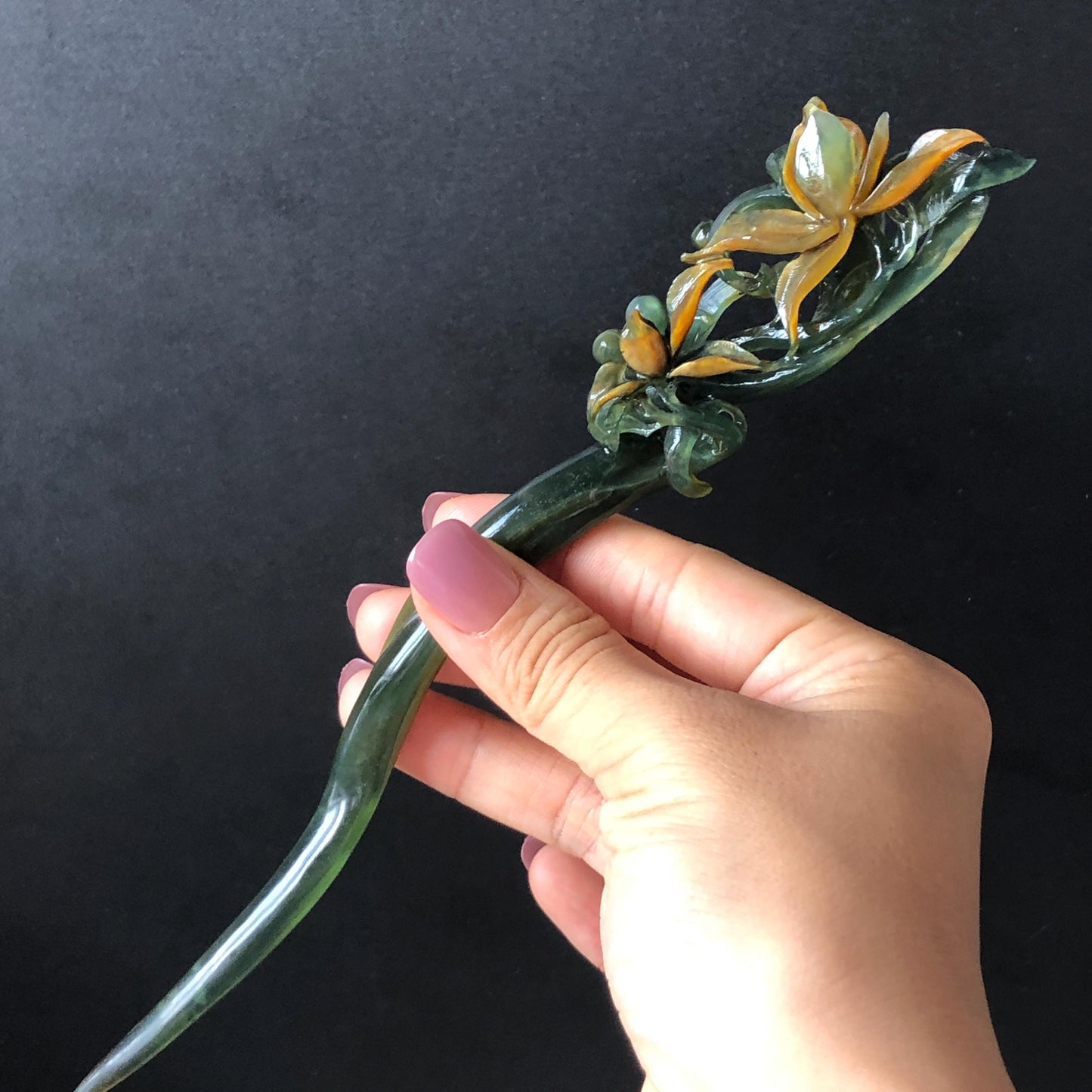 Certified Natural Xiu Jade Serpentine Hand Carved Cymbidium Flower Hair Pin | Yellow & Deep Green Jade Hair Stick | Asian Vintage Hair Fork gift for her hand engraved green jade hair stick yellow jade carving flower carving antique hair stick chinese hair comb korean hairpin japanese hair clip chinese jade hanfu hair stick vintage hair fork natural untreated jade with certificate bridal shower gift wedding hairpiece engagement hair accessories