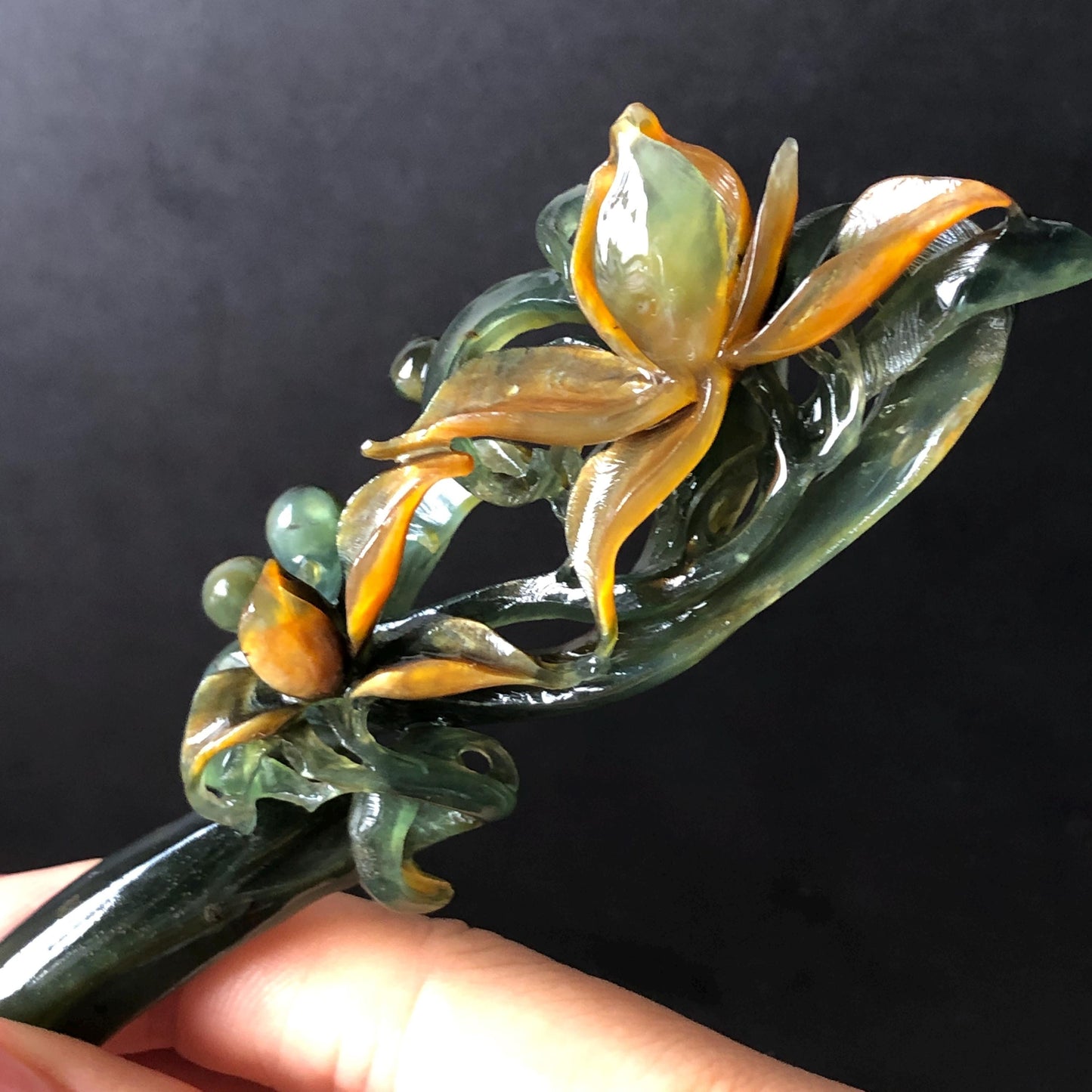 Certified Natural Xiu Jade Serpentine Hand Carved Cymbidium Flower Hair Pin | Yellow & Deep Green Jade Hair Stick | Asian Vintage Hair Fork gift for her hand engraved green jade hair stick yellow jade carving flower carving antique hair stick chinese hair comb korean hairpin japanese hair clip chinese jade hanfu hair stick vintage hair fork natural untreated jade with certificate bridal shower gift wedding hairpiece engagement hair accessories