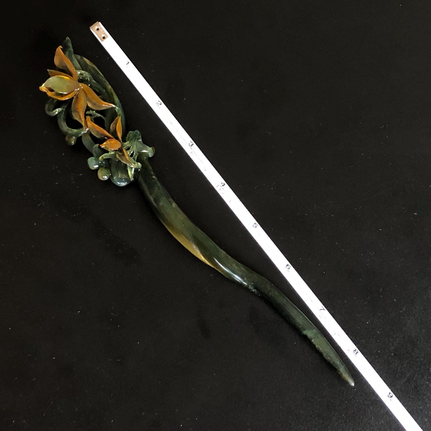Certified Natural Xiu Jade Serpentine Hand Carved Cymbidium Flower Hair Pin | Yellow & Deep Green Jade Hair Stick | Asian Vintage Hair Fork gift for her hand engraved green jade hair stick yellow jade carving flower carving antique hair stick chinese hair comb korean hairpin japanese hair clip chinese jade hanfu hair stick vintage hair fork natural untreated jade with certificate bridal shower gift wedding hairpiece engagement hair accessories