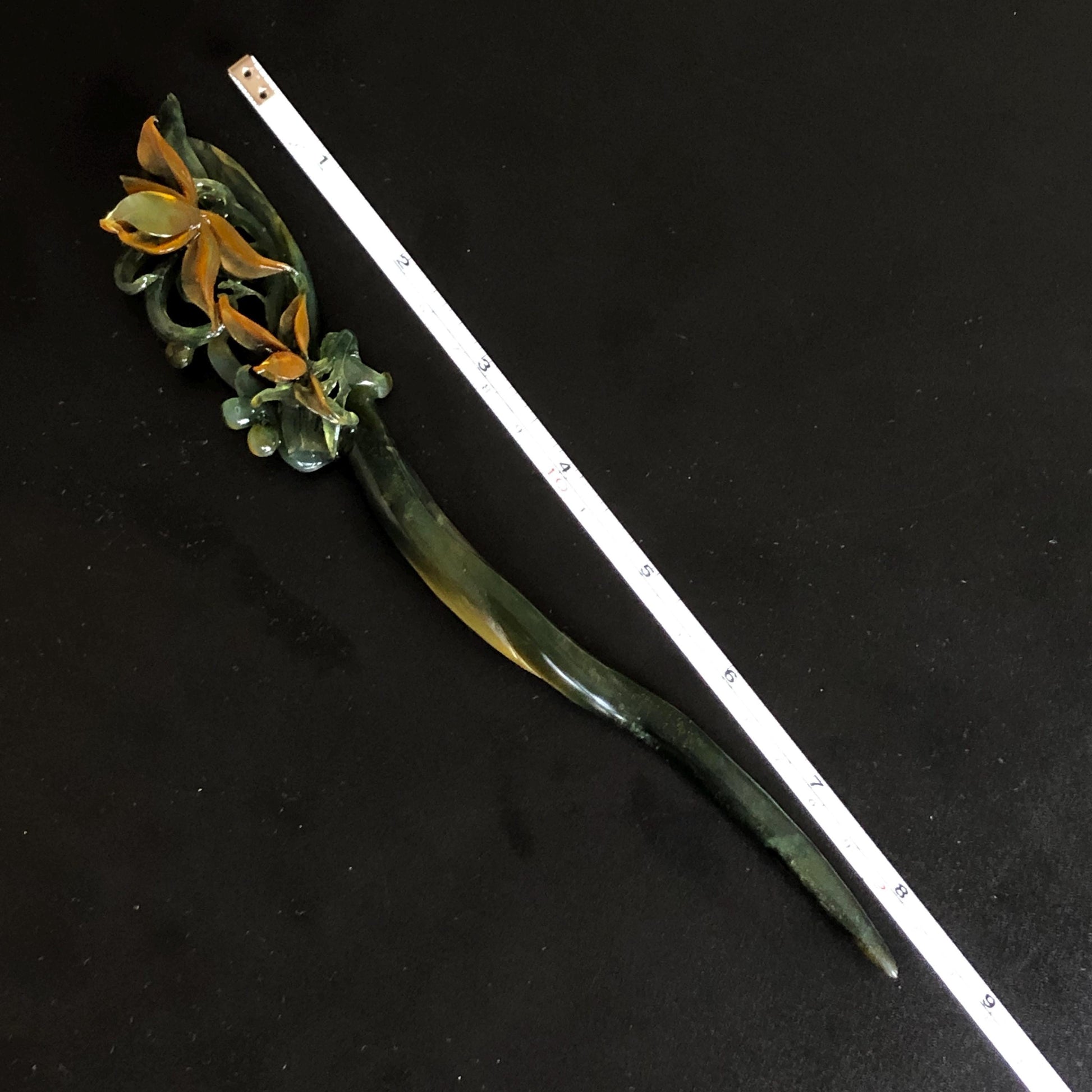 Certified Natural Xiu Jade Serpentine Hand Carved Cymbidium Flower Hair Pin | Yellow & Deep Green Jade Hair Stick | Asian Vintage Hair Fork gift for her hand engraved green jade hair stick yellow jade carving flower carving antique hair stick chinese hair comb korean hairpin japanese hair clip chinese jade hanfu hair stick vintage hair fork natural untreated jade with certificate bridal shower gift wedding hairpiece engagement hair accessories