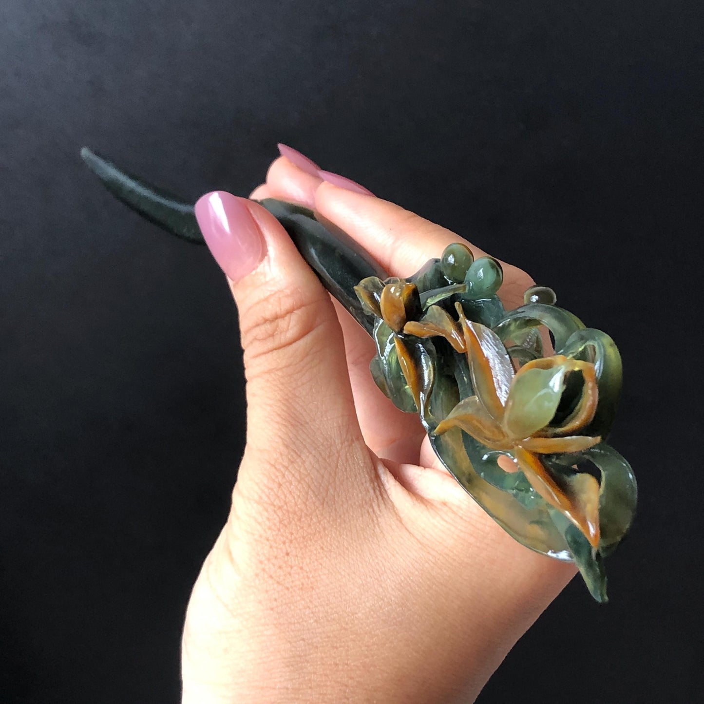 Certified Natural Xiu Jade Serpentine Hand Carved Cymbidium Flower Hair Pin | Yellow & Deep Green Jade Hair Stick | Asian Vintage Hair Fork