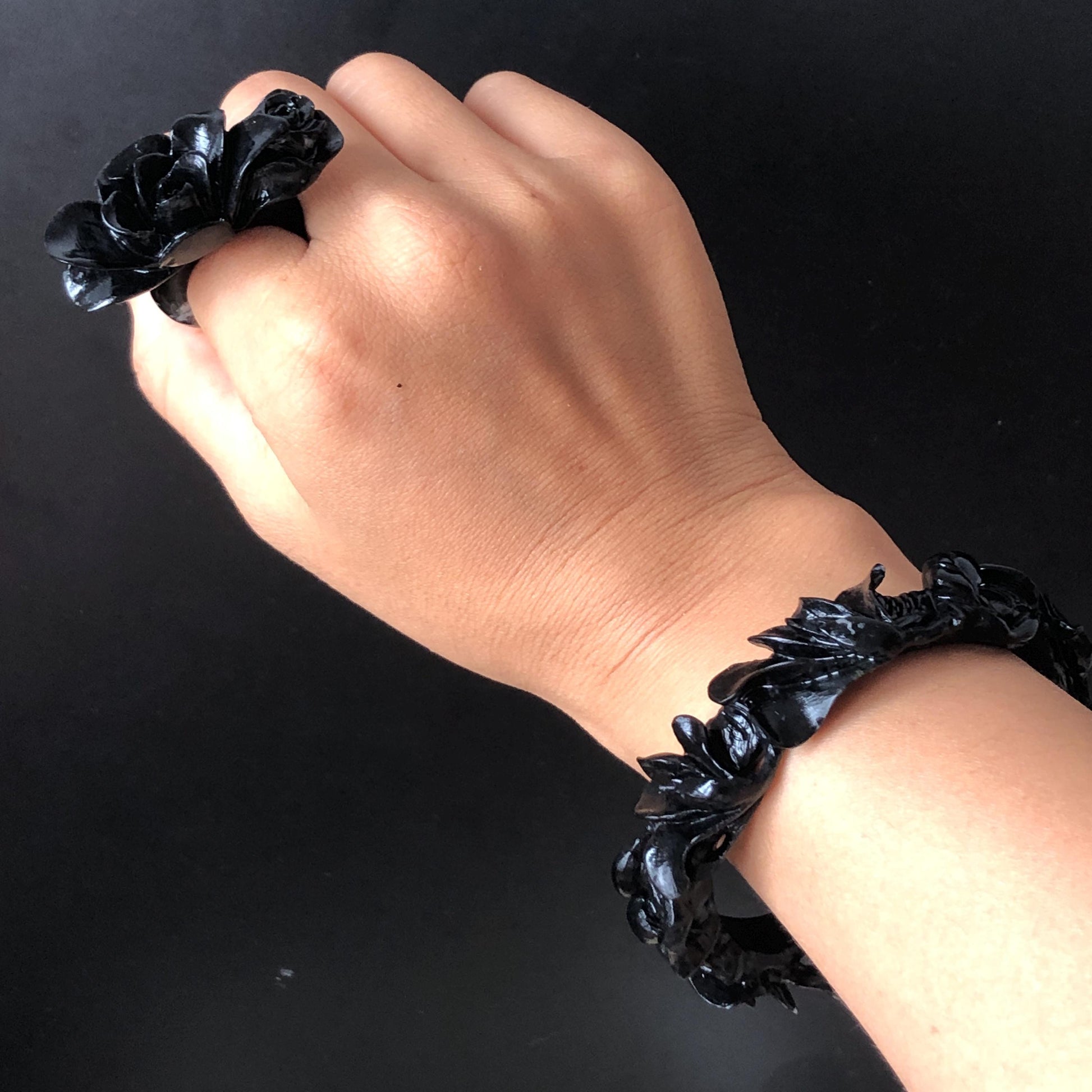50mm-64mm! Custom Size Natural Xiu Jade Serpentine Hand Carved Black Yulan flowers Bangle & Ring Set | Black Jade Bracelet Personalized Gift for her black jade bangle jade carving hand engraved jade bracelet yulan carving flower carving customized bangle tailor made ring custom-size bangle personalized bande large size bangle small size bangle hand engraved ring certificate jade certified jade big size ring small size ring gothic ring gothic bracelet
