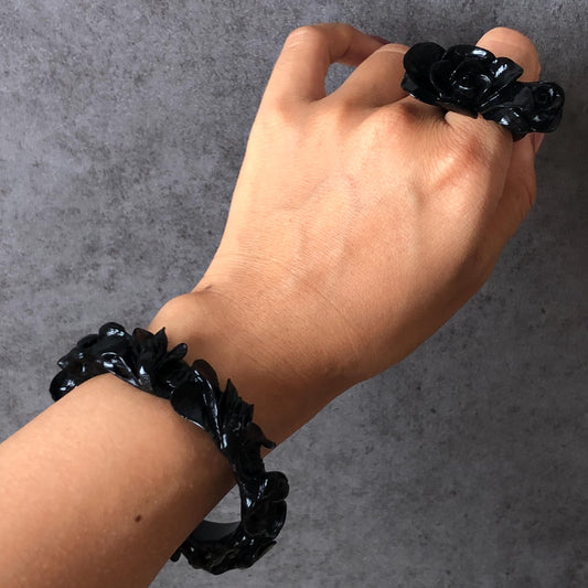50mm-64mm! Custom Size Natural Xiu Jade Serpentine Hand Carved Black Yulan flowers Bangle & Ring Set | Black Jade Bracelet Personalized Gift for her black jade bangle jade carving hand engraved jade bracelet yulan carving flower carving customized bangle tailor made ring custom-size bangle personalized bande large size bangle small size bangle hand engraved ring certificate jade certified jade big size ring small size ring gothic ring gothic bracelet