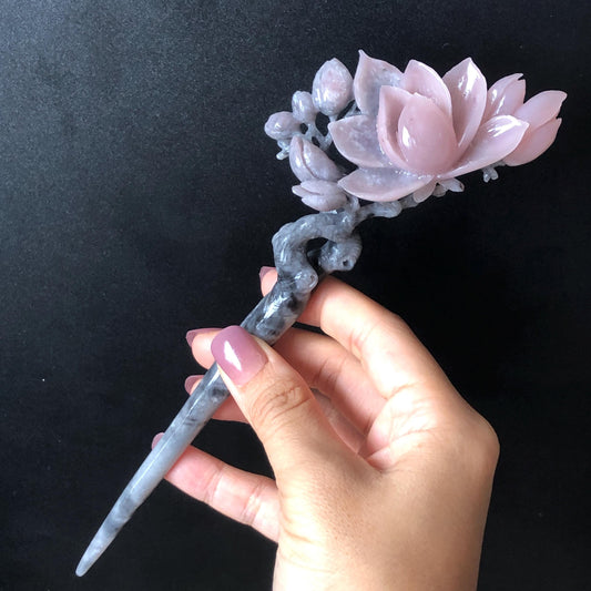 Natural Xiu Jade Serpentine Hand Carved Yulan Flower Hair Pin | Black & Pink Jade Hair Stick | Asian Vintage Antique Hair Fork Gift for her