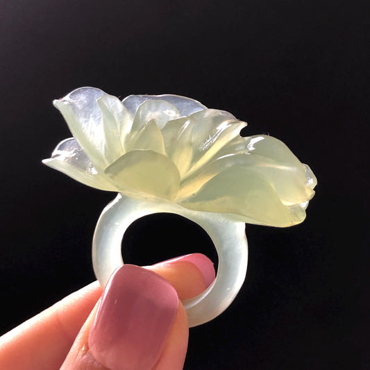 Custom Size Natural Xiu Jade Serpentine Hand Carved Green Yulan flowers Ring | Icy Green Jade | Customised Tailor-made Gemstone Gift for her hand engraved jade ring tailor made jade ring customised jade ring green jade carving flower carving flower statement ring translucent icy jade yulan carving hand carved stone ring carved gemstone ring personalized ring huge ring big cocktail ring large crystal ring