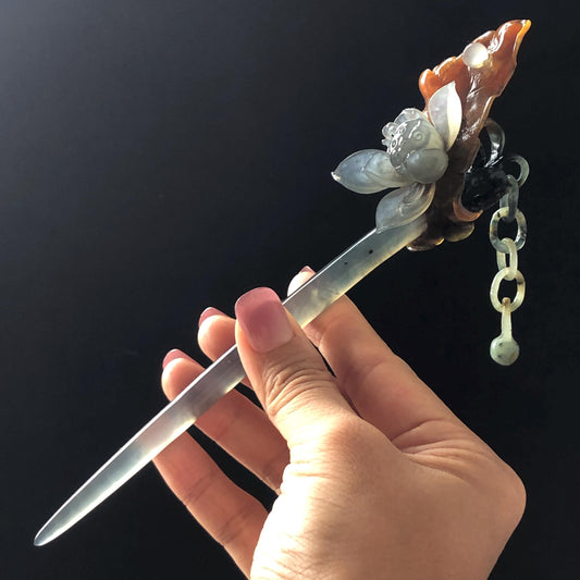 Certified Natural Xiu Jade Serpentine Hand Carved 4 Coloured Lotus Flower Hair Pin with Dangle | Ice Grey Brown Black Green Jade Hair Stick Gift for her gray jade carving brown jade black jade green jade hand engraved lotus hair stick natural untreated jade with certificate japanese hair pins korean hair stick hanfu har fork vintage hair comb bridal hair clip wedding headpiece antique hair pins