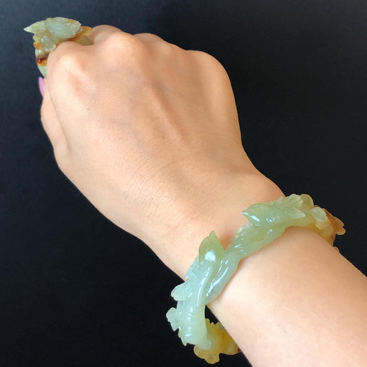 50mm-64mm! Customise Xiu Jade Serpentine Hand Carved Magpies Birds with Plum Blossom flowers Bangle & Ring Set | Yellow Green Jade Bracelet Gift for her hand engraved bangle green jade carving hand carved bird bracelet bird carving flower carving magpie carving yellow jade brown jade personalised bangle tailor made bangle big size bangle small size bangle natural untreated jade with certificte certified jade chinese vintage bangle
