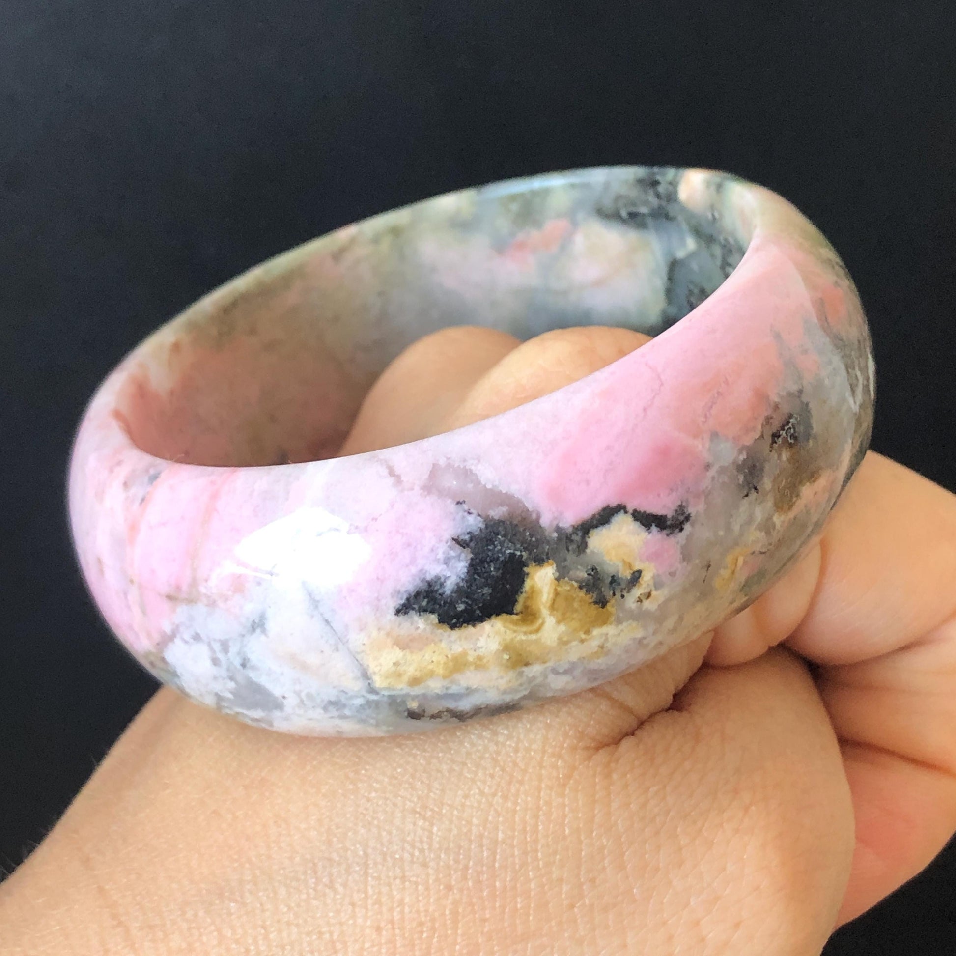 54.8mm Natural Rhodonite Stone Bangle | Soaring Black Phoenix | Pink Green Yellow | Scenery Bracelet | Healing Stone Heart Chakra Crystal Gift for her rhodonite bangle pink rhodonite bracelet pink crystal bracelet pink stone bangle pink gemstone bracelet green crystal golden crystal wide bangle healing crystal love stone meditative crystal heart chakra crystal vintage bangle gemstone bangle phoenix bangle phoenix bracelet