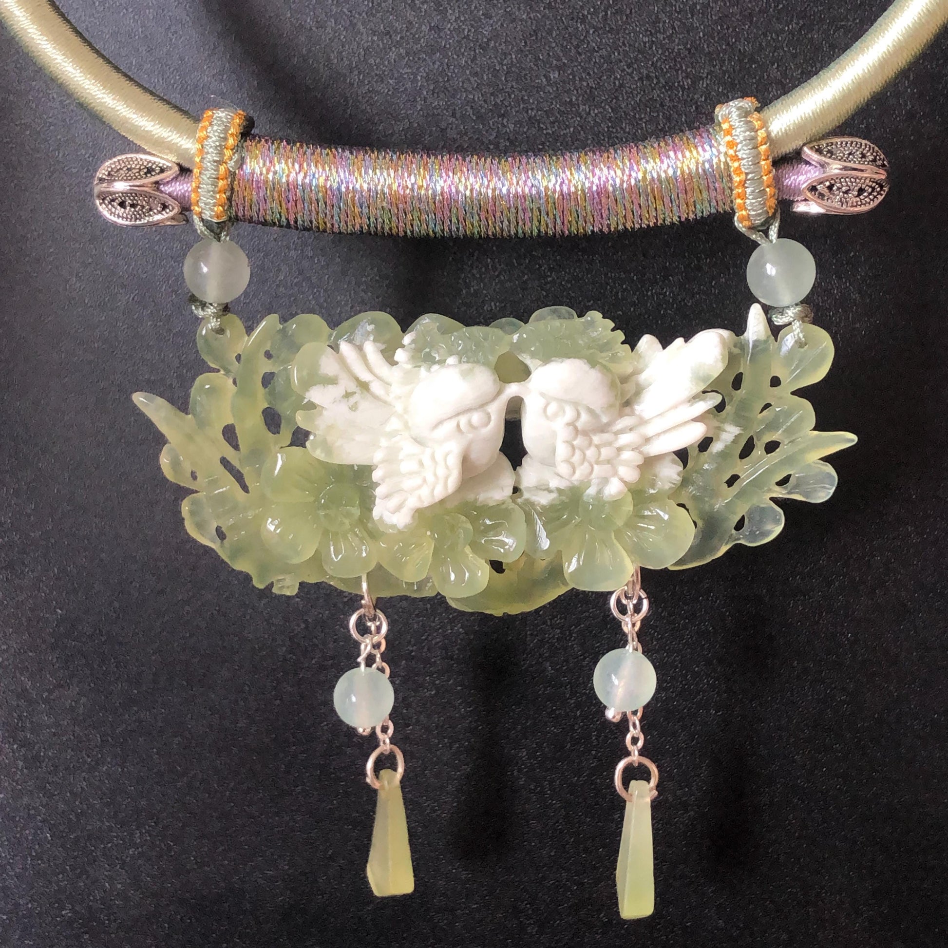 Certified Natural Xiu Jade Serpentine Hand Carved Magpie Birds Plum Blossom Flower Pendant Adjustable Vintage Necklace | Green & White Stone Pendant green jade carving white jade charm antique necklace chinese traditional charm necklace hand carved charm adjustable necklace bird carving magpie carving plum blossom carving gift for her natural untreated jade with certificate luck charm