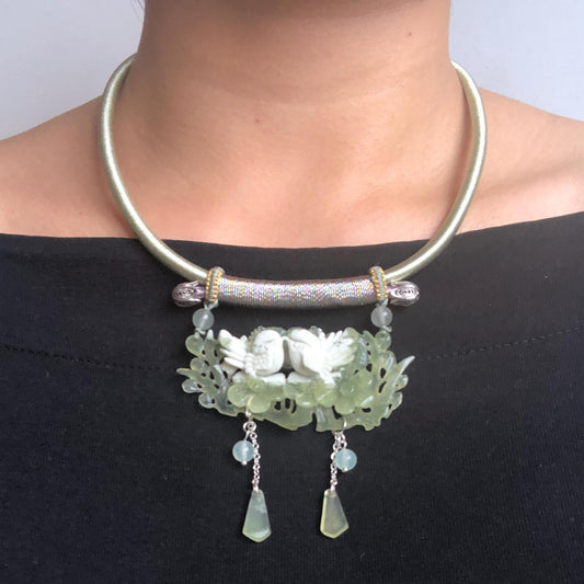 Certified Natural Xiu Jade Serpentine Hand Carved Magpie Birds Plum Blossom Flower Pendant Adjustable Vintage Necklace | Green & White Stone Pendant green jade carving white jade charm antique necklace chinese traditional charm necklace hand carved charm adjustable necklace bird carving magpie carving plum blossom carving gift for her natural untreated jade with certificate luck charm