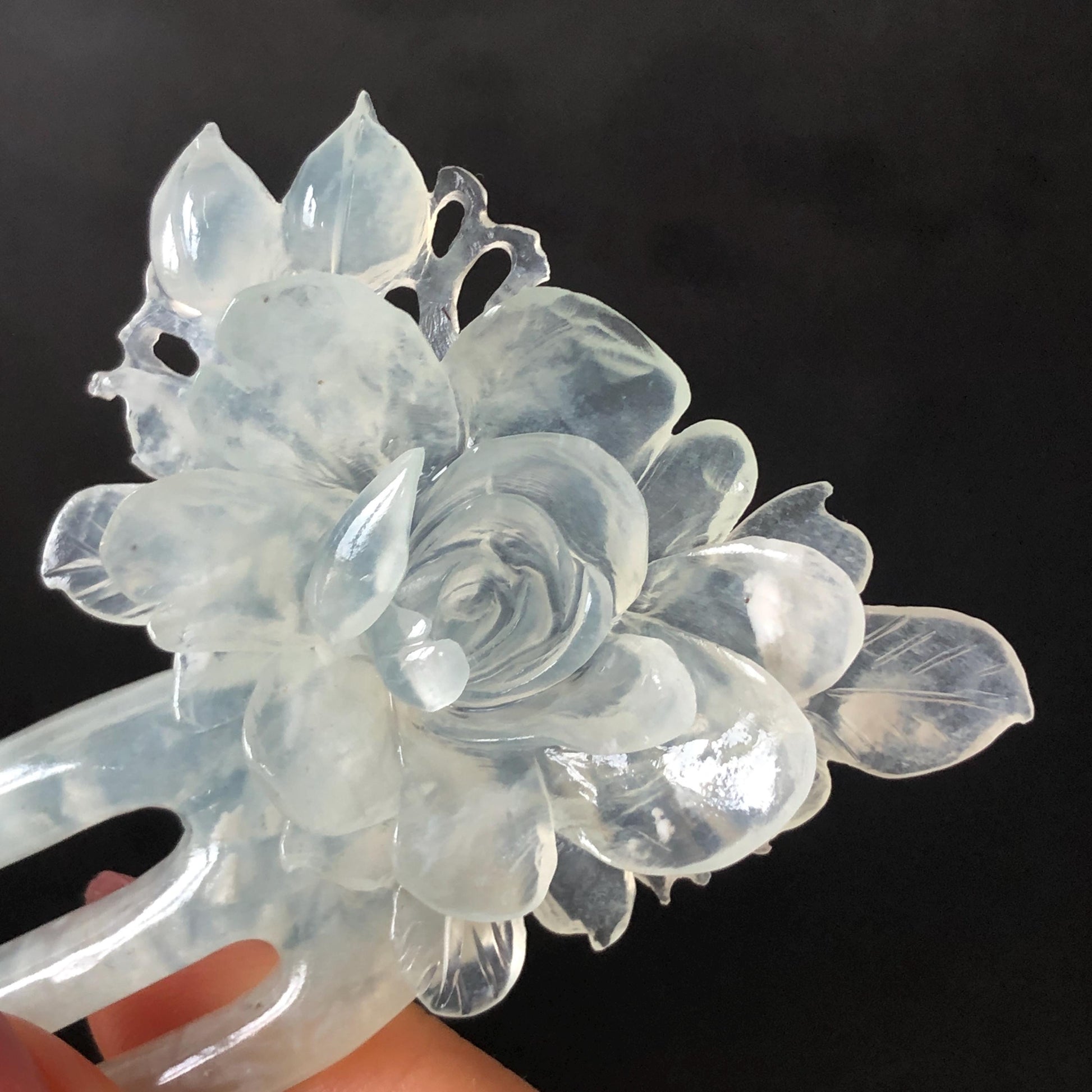 Certified Natural Xiu Jade Serpentine Hand Carved Blue Peony Flower Hair Pin, Blue Jade Hair Stick, Asian Hair Fork Bridal Wedding Headpiece gift for her blue jade carving flower carving peony carving hand engraved flower hair fork japanese hair clip korean hair stick hanfu hairpins vintage hair comb antique hair fork untreated natural jade with certificate bridal shower gift bridal hair clip