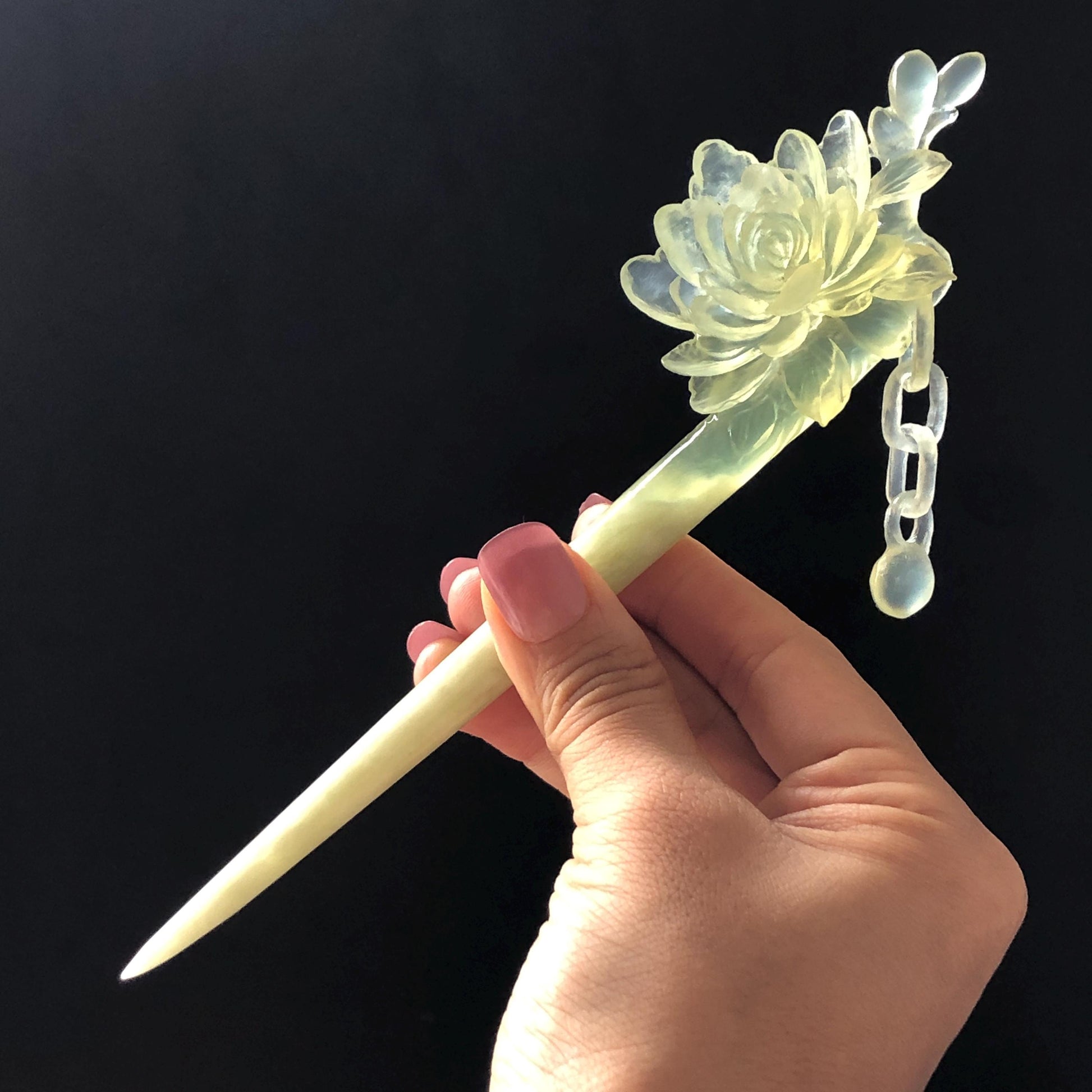 Certificate Natural Xiu Jade Serpentine Hand Carved Camellia Flower Hair Pin with Dangle | Asian Chinese Vintage Ice Green Jade Hair Stick Gift for her Bridal Shower gift bridal hair clip wedding headpiece wedding hair jewelry bridal hair accessories green jade carving white jade hand engraved flower hair stick japanese hairpins korean hair stick chinese hair comb vintage hair pins antique hair fork hanfu hair pins certified untreated jade