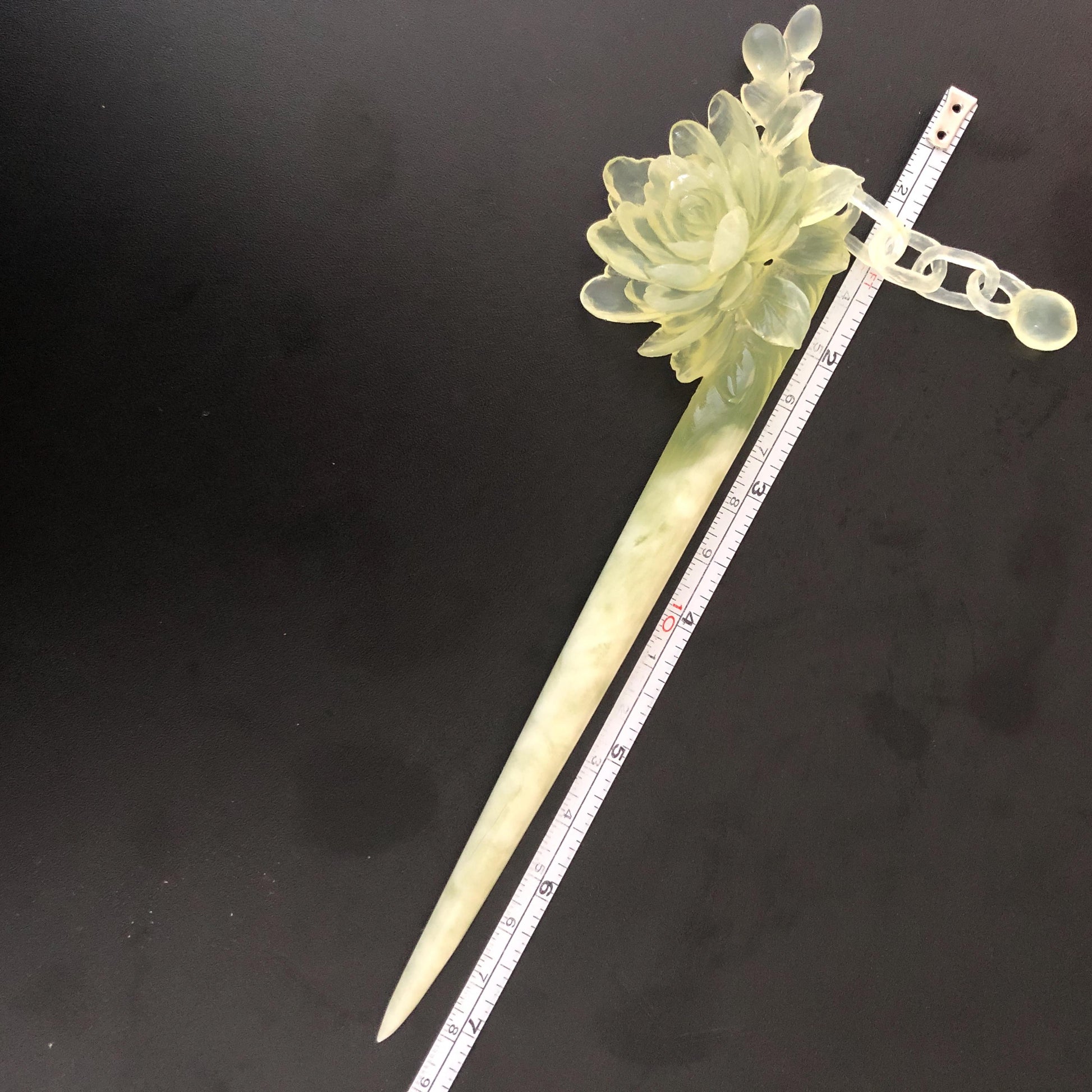 Certificate Natural Xiu Jade Serpentine Hand Carved Camellia Flower Hair Pin with Dangle | Asian Chinese Vintage Ice Green Jade Hair Stick Gift for her Bridal Shower gift bridal hair clip wedding headpiece wedding hair jewelry bridal hair accessories green jade carving white jade hand engraved flower hair stick japanese hairpins korean hair stick chinese hair comb vintage hair pins antique hair fork hanfu hair pins certified untreated jade
