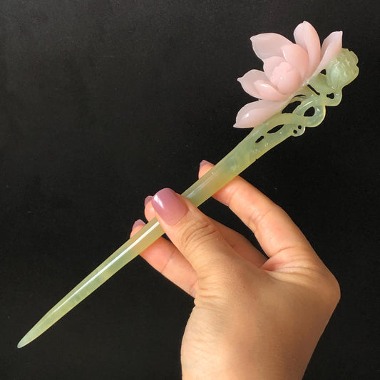 Natural Xiu Jade Serpentine Hand Carved Pink Lotus Flower Hair Pin | Pink & Green Jade Hair Stick | Asian Chinese Vintage Hanfu Hair Fork gift for her pink jade carving ice green jade flower carving lotus carving hand engraved lotus hairpins japanese hair stick korean hair pins vinatge hair fork chinese hair comb antique hairpins wedding headpiece engagement hair jewelry bridal shower gift bridal hair accessory