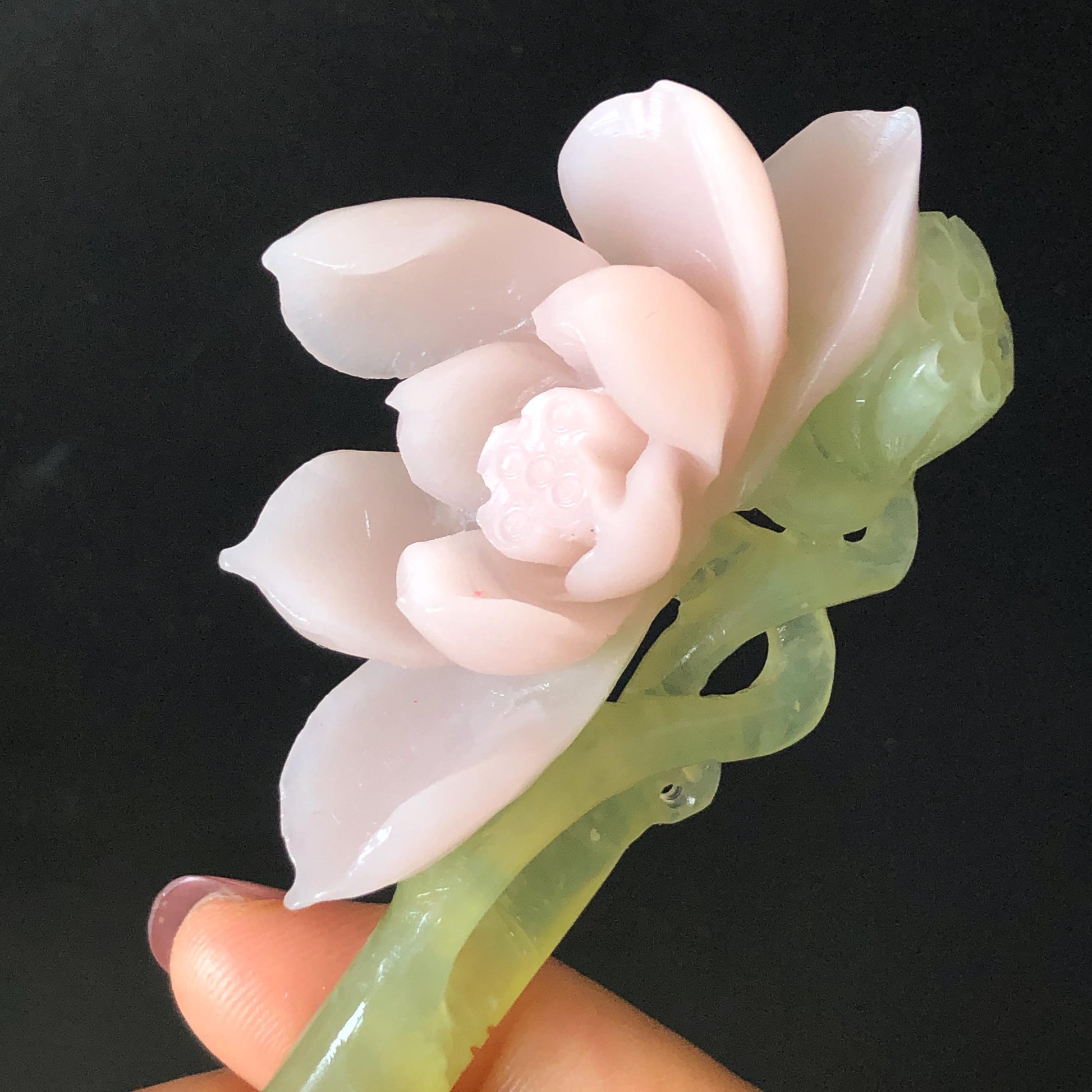 Natural Xiu Jade Serpentine Hand Carved Pink Lotus Flower Hair Pin | Pink & Green Jade Hair Stick | Asian Chinese Vintage Hanfu Hair Fork gift for her pink jade carving ice green jade flower carving lotus carving hand engraved lotus hairpins japanese hair stick korean hair pins vinatge hair fork chinese hair comb antique hairpins wedding headpiece engagement hair jewelry bridal shower gift bridal hair accessory