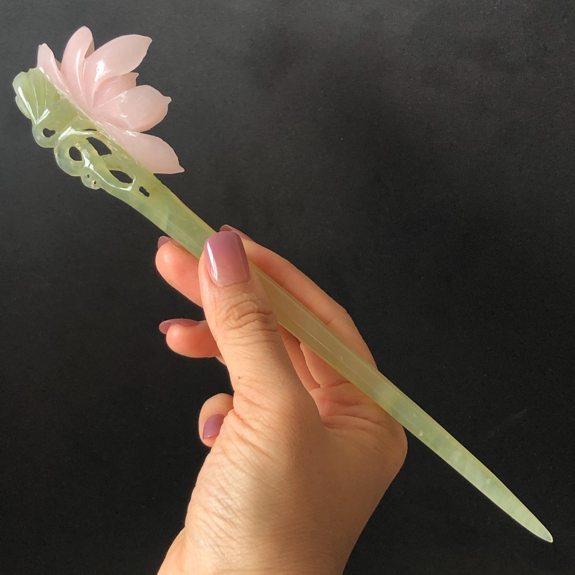 Natural Xiu Jade Serpentine Hand Carved Pink Lotus Flower Hair Pin | Pink & Green Jade Hair Stick | Asian Chinese Vintage Hanfu Hair Fork gift for her pink jade carving ice green jade flower carving lotus carving hand engraved lotus hairpins japanese hair stick korean hair pins vinatge hair fork chinese hair comb antique hairpins wedding headpiece engagement hair jewelry bridal shower gift bridal hair accessory