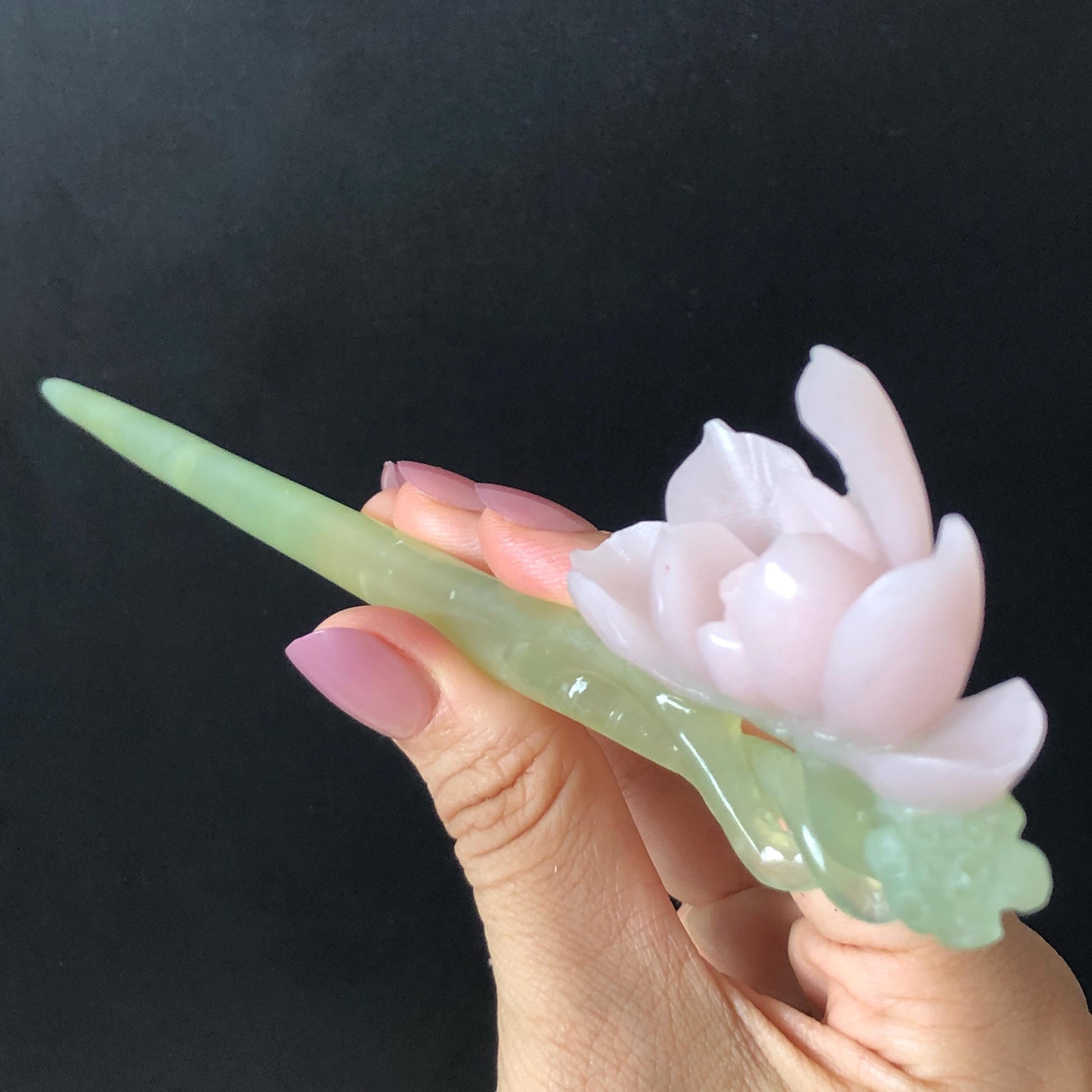 Natural Xiu Jade Serpentine Hand Carved Pink Lotus Flower Hair Pin | Pink & Green Jade Hair Stick | Asian Chinese Vintage Hanfu Hair Fork gift for her pink jade carving ice green jade flower carving lotus carving hand engraved lotus hairpins japanese hair stick korean hair pins vinatge hair fork chinese hair comb antique hairpins wedding headpiece engagement hair jewelry bridal shower gift bridal hair accessory
