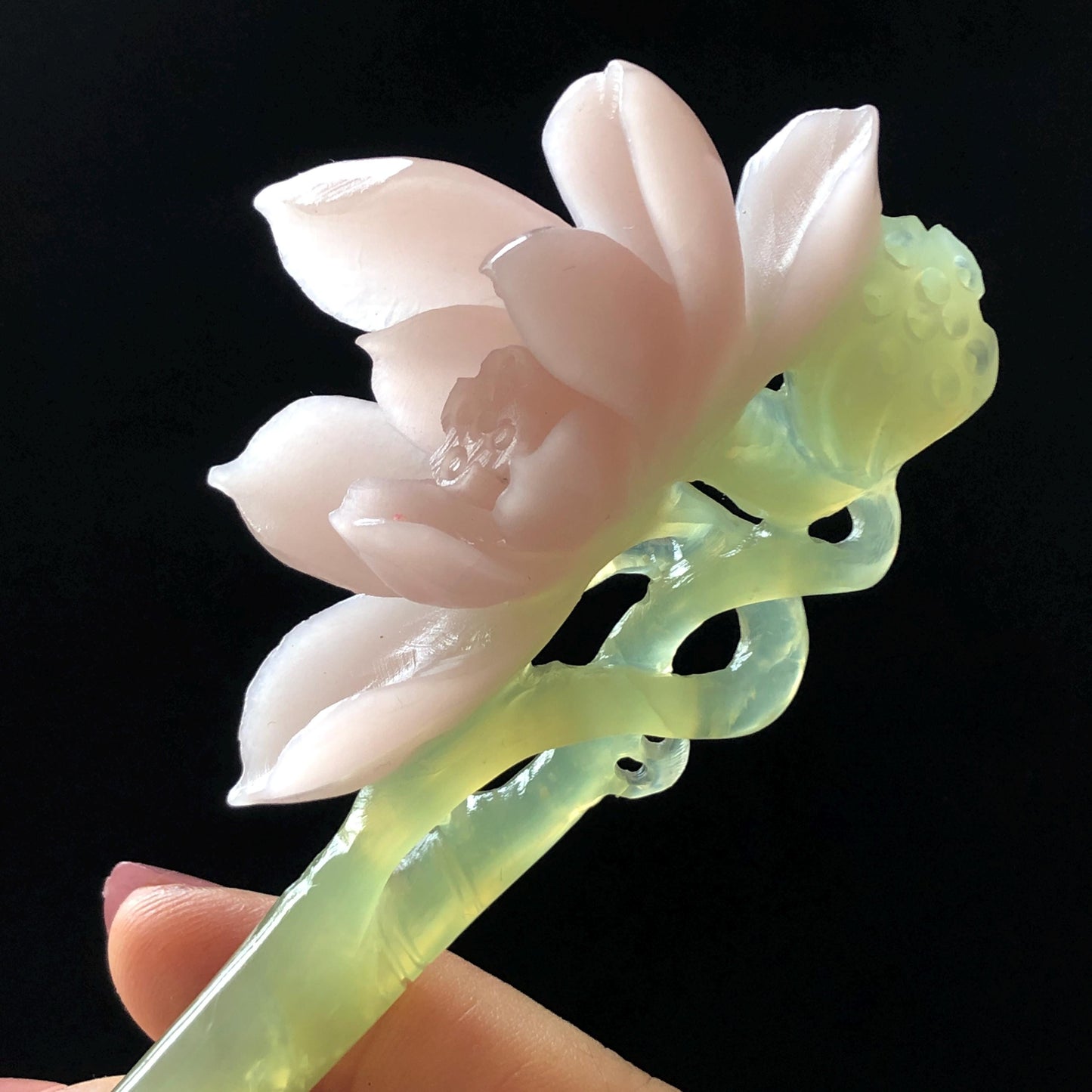 Natural Xiu Jade Serpentine Hand Carved Pink Lotus Flower Hair Pin | Pink & Green Jade Hair Stick | Asian Chinese Vintage Hanfu Hair Fork gift for her pink jade carving ice green jade flower carving lotus carving hand engraved lotus hairpins japanese hair stick korean hair pins vinatge hair fork chinese hair comb antique hairpins wedding headpiece engagement hair jewelry bridal shower gift bridal hair accessory