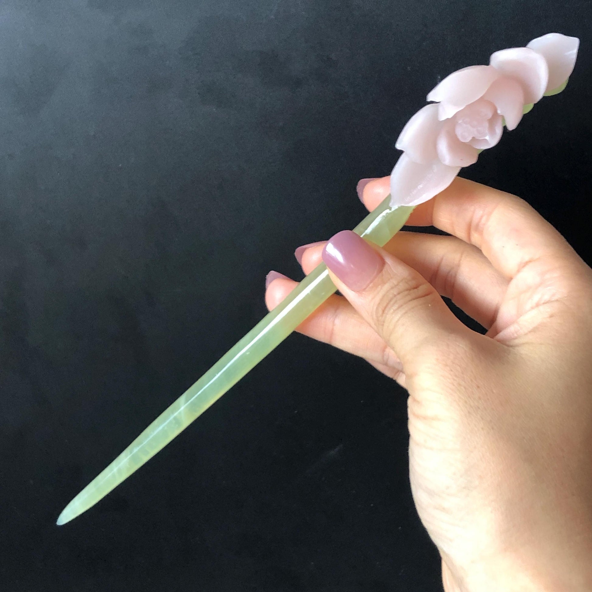 Natural Xiu Jade Serpentine Hand Carved Pink Lotus Flower Hair Pin | Pink & Green Jade Hair Stick | Asian Chinese Vintage Hanfu Hair Fork gift for her pink jade carving ice green jade flower carving lotus carving hand engraved lotus hairpins japanese hair stick korean hair pins vinatge hair fork chinese hair comb antique hairpins wedding headpiece engagement hair jewelry bridal shower gift bridal hair accessory